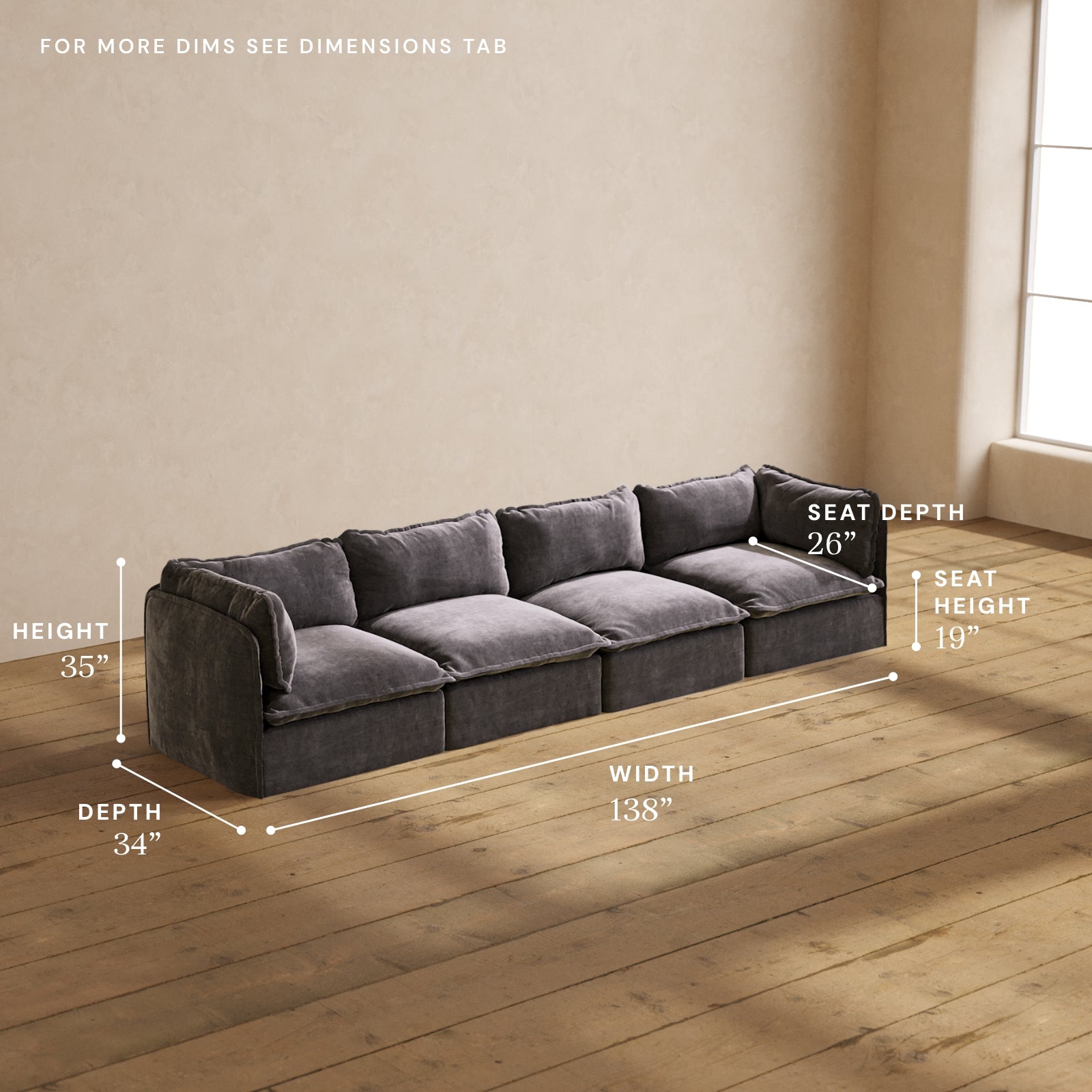 Modular Performance 4-Seater Sofa in Cinder Gray | Relaxed Blend Fabric | Perfect for Living Room, Family Room & Home Theater