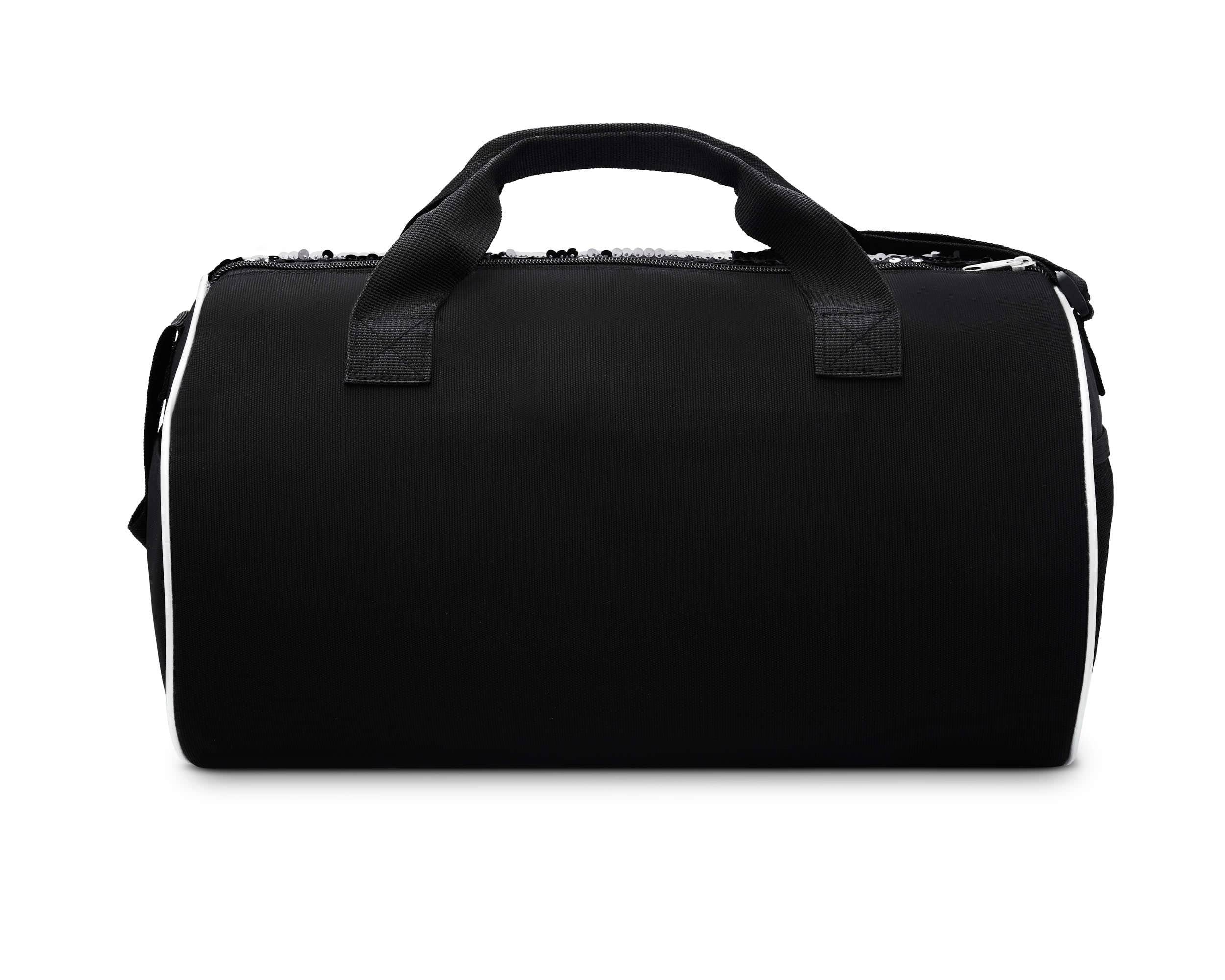 Reversible Sequin Dance Duffle Bag for Girls Kids Teens - Adjustable Carry On Weekender Travel Bag with Handy Pouch (16 Inch, Black Silver) | Perfect for Dance Classes, Sleepovers & Weekend Getaways