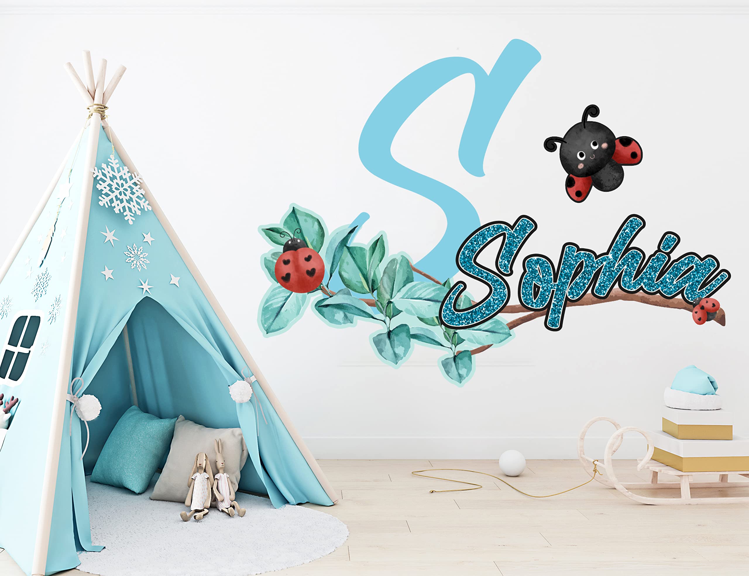 Custom Ladybug & Flower Name Wall Decals for Girls - Personalized Nursery Room Decor - Baby Girl Bedroom Wall Stickers - Removable Kids Room Decoration for Walls (Perfect for Birthday Gifts & Nursery Theming)