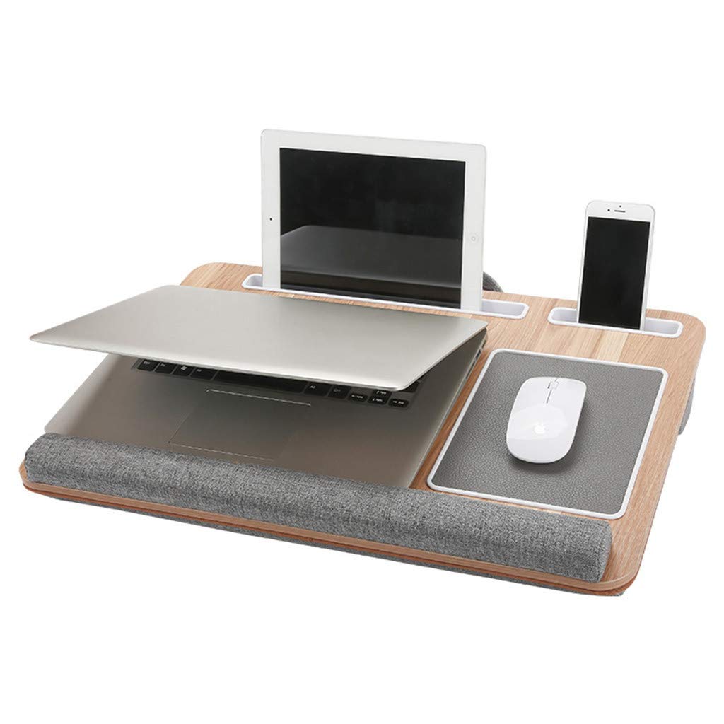 Adjustable Wooden Laptop Tray for Bed with Cushion Support - Built-in Mouse Pad & Wrist Rest for Notebook/Tablet - Includes Phone/Pen Holder for Writing & Reading (55x36.8x10cm) - Perfect for Home Office, Studying in Bed, or Relaxing with Laptop