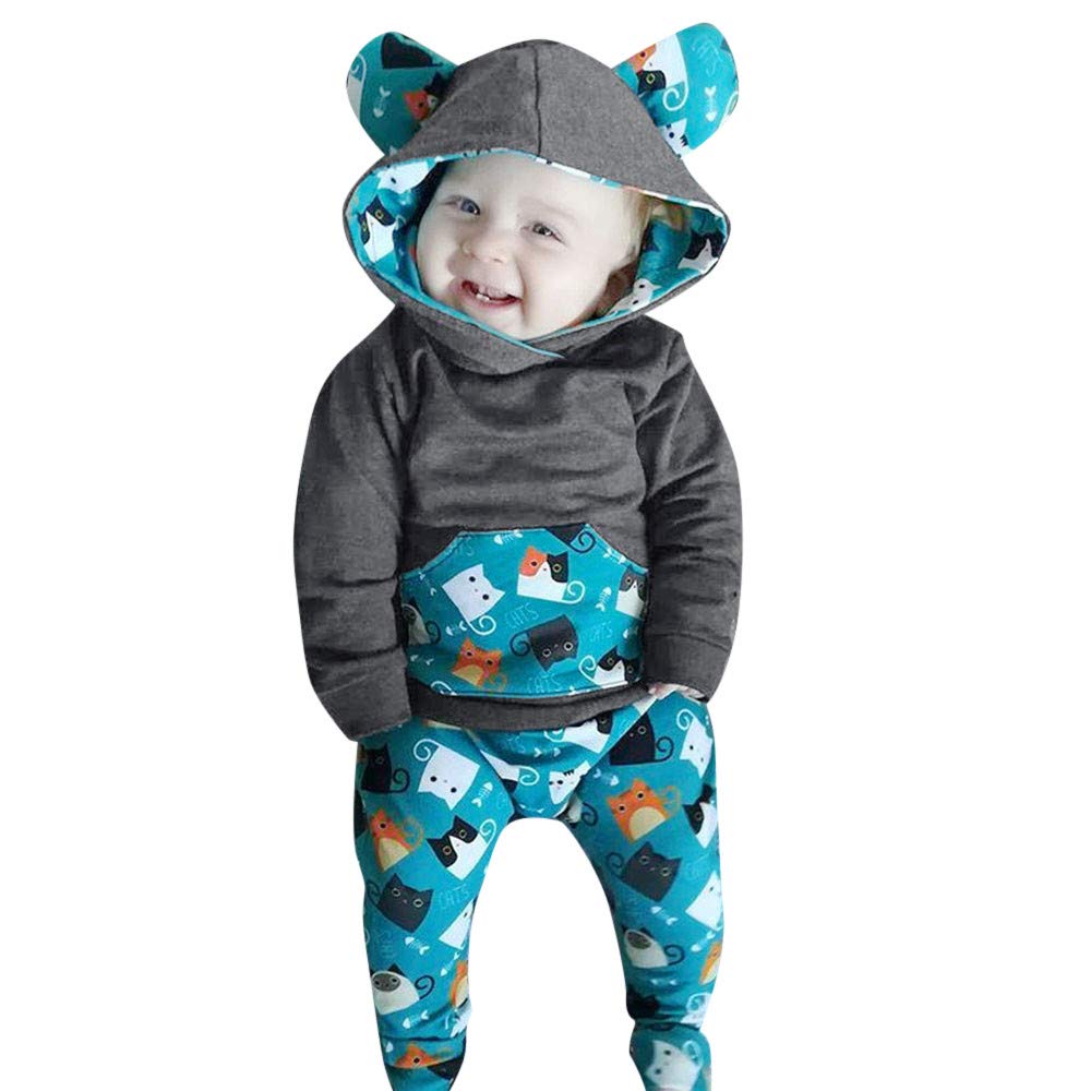 Cute Baby Boy Girl Cat Print Hooded Jacket & Pants Set for Playtime
