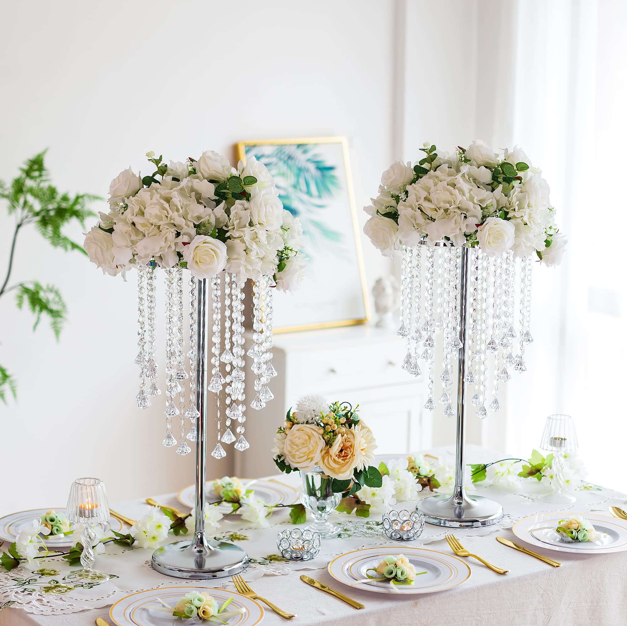 Elegant 10-Piece Silver Metal Flower Stand Wedding Centerpieces with Chandelier Crystals - 23.7 Inch Tall Table Vases for Reception, Event, and Home Decor - Perfect for Weddings, Banquets, and Luxury Interior Design