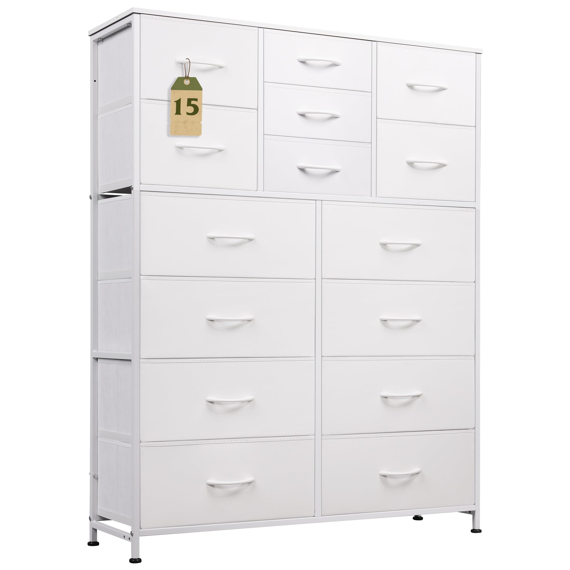 WLIVE Tall White Dresser with 15 Deep Drawers - Fabric Storage Tower Cabinet for Bedroom, Closet, Hallway, Entryway & Office - Sturdy Metal Frame & Wooden Top - Perfect for Organizing Clothes, Accessories & Home Essentials