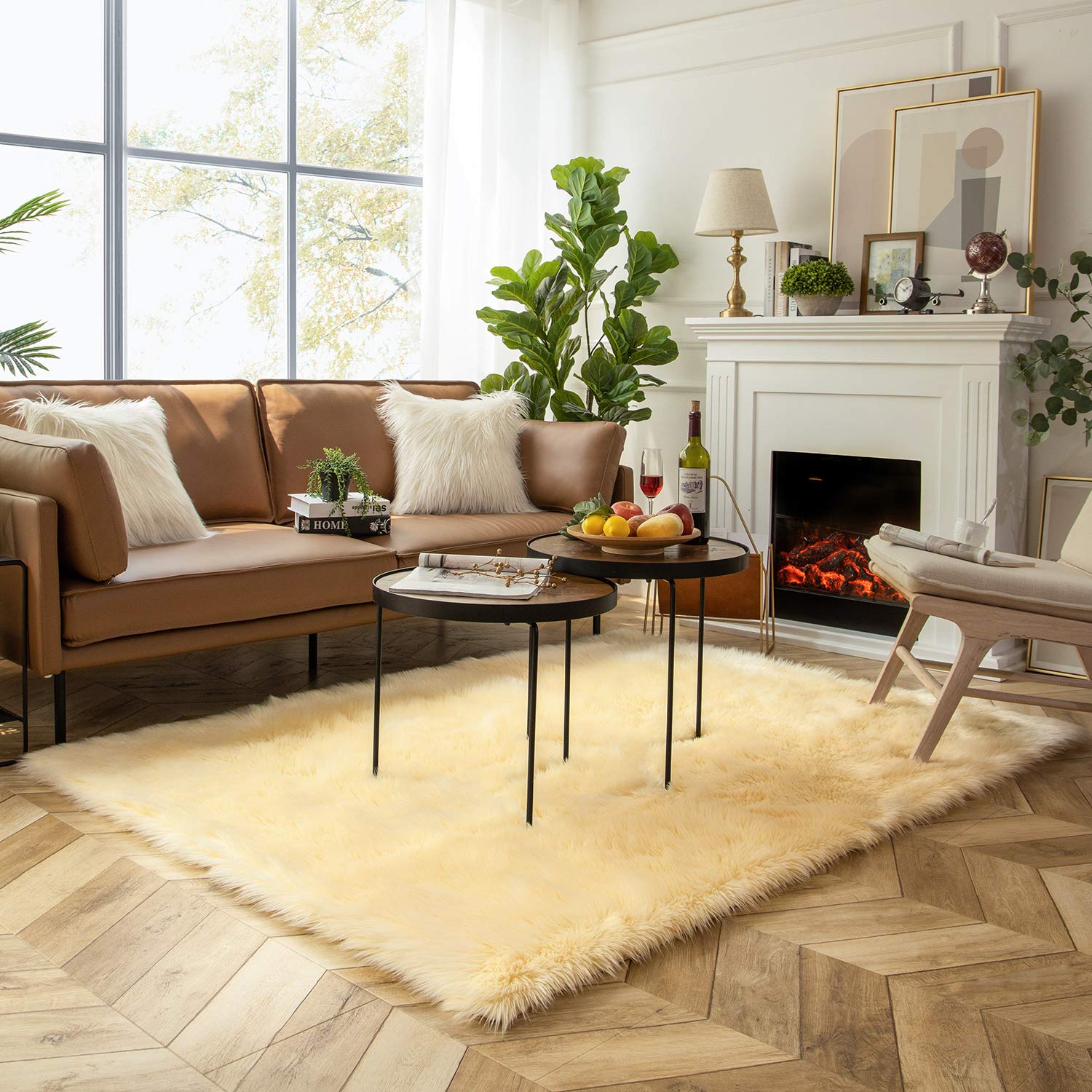 Ashler Home Deco Faux Fur Area Rug 5x7 Feet - Soft Shaggy Machine Washable Rectangle Rug in Sunny Yellow | Rabbit Theme Indoor Carpet | Fire Resistant & Pet-Friendly | Perfect for Living Room, Bedroom or Nursery Decor