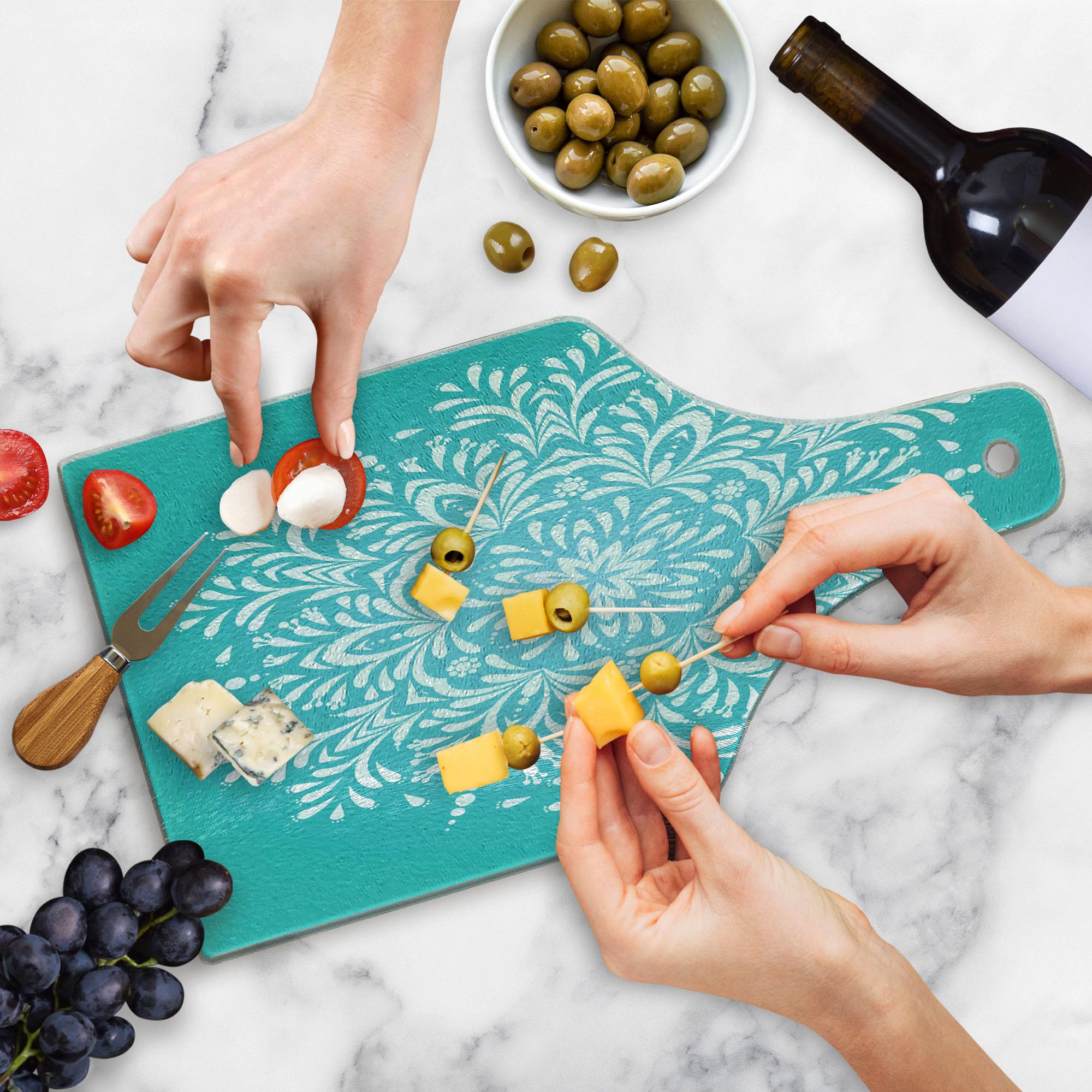 Ambesonne Blue Tempered Glass Cutting Board - Snowflake Mandala Winter Themed Art Print - Decorative Serving Board with Eastern Floral Leaves Design - Wine Bottle Shape in Sky Blue & White - Perfect for Holiday Entertaining, Cheese Platters & Wine Pairings