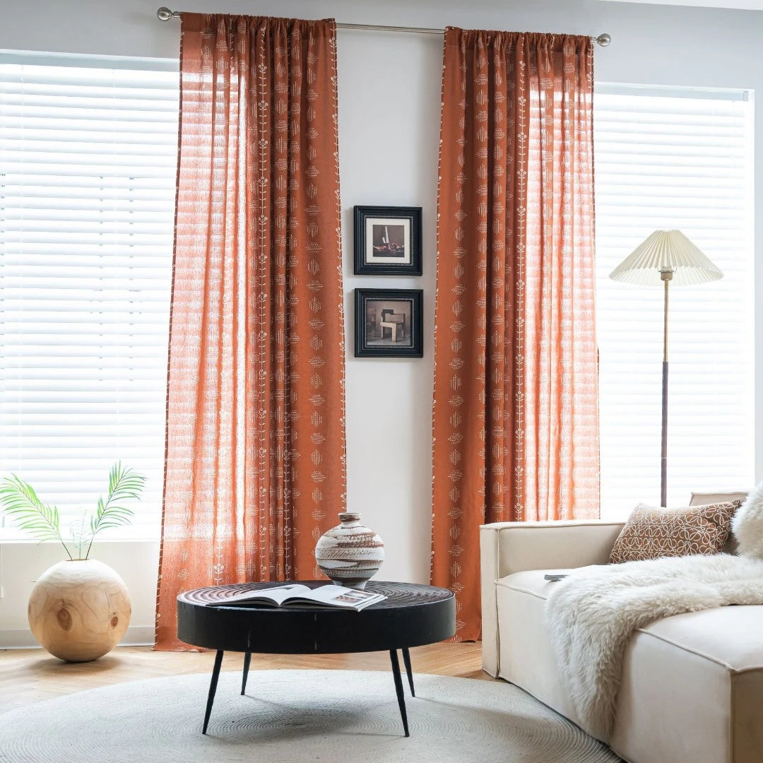 Boho Botanical Geometric Semi-Sheer Custom Curtains for Living Room & Bedroom - Light Filtering Window Drapes with Nature-Inspired Design