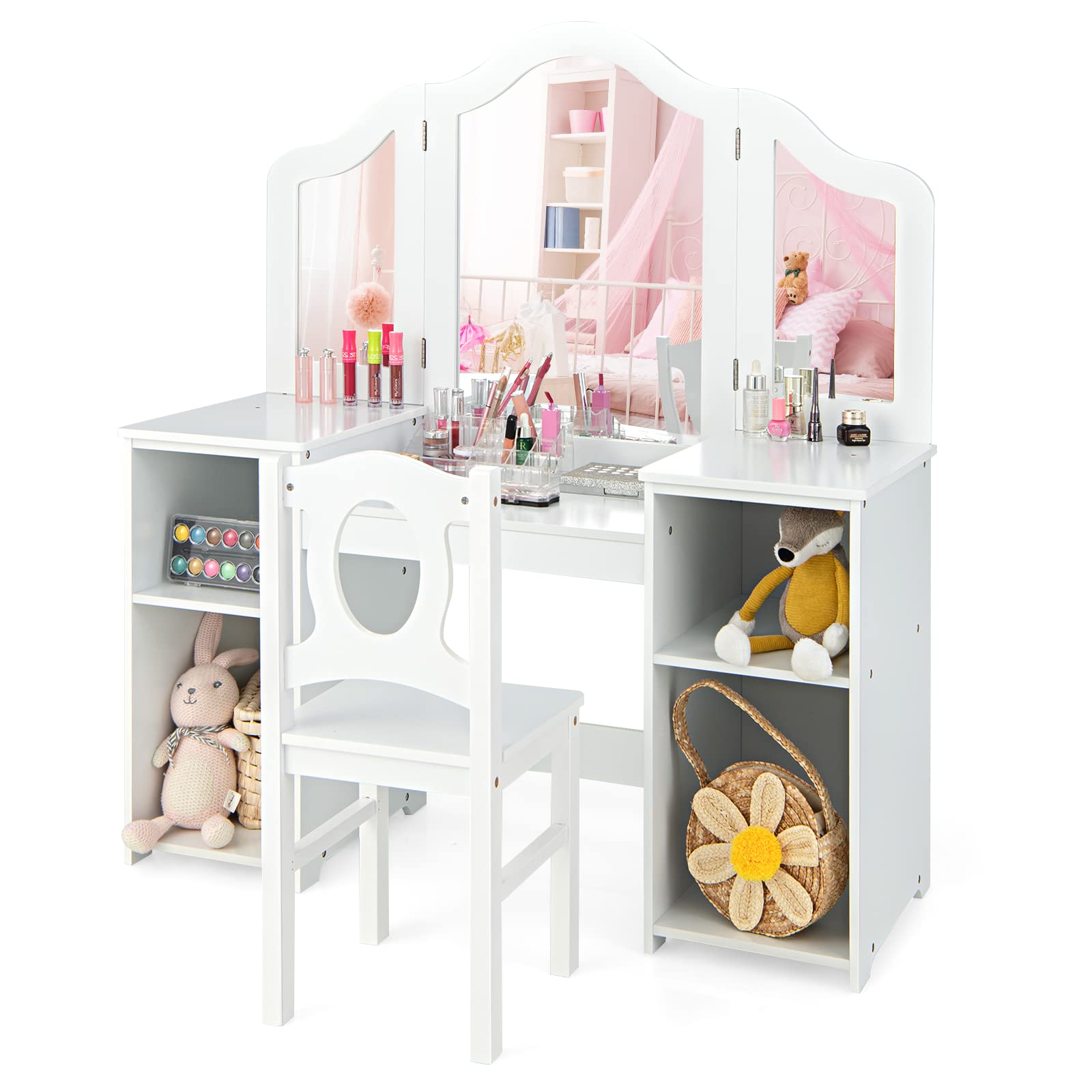 INFANS Kids Vanity Set - 2-in-1 Princess Makeup Desk & Chair with Tri-Folding Mirror, Large Storage Shelves, Wooden Pretend Play Dressing Table for Girls - Perfect for Birthday Gifts & Bedroom Decor