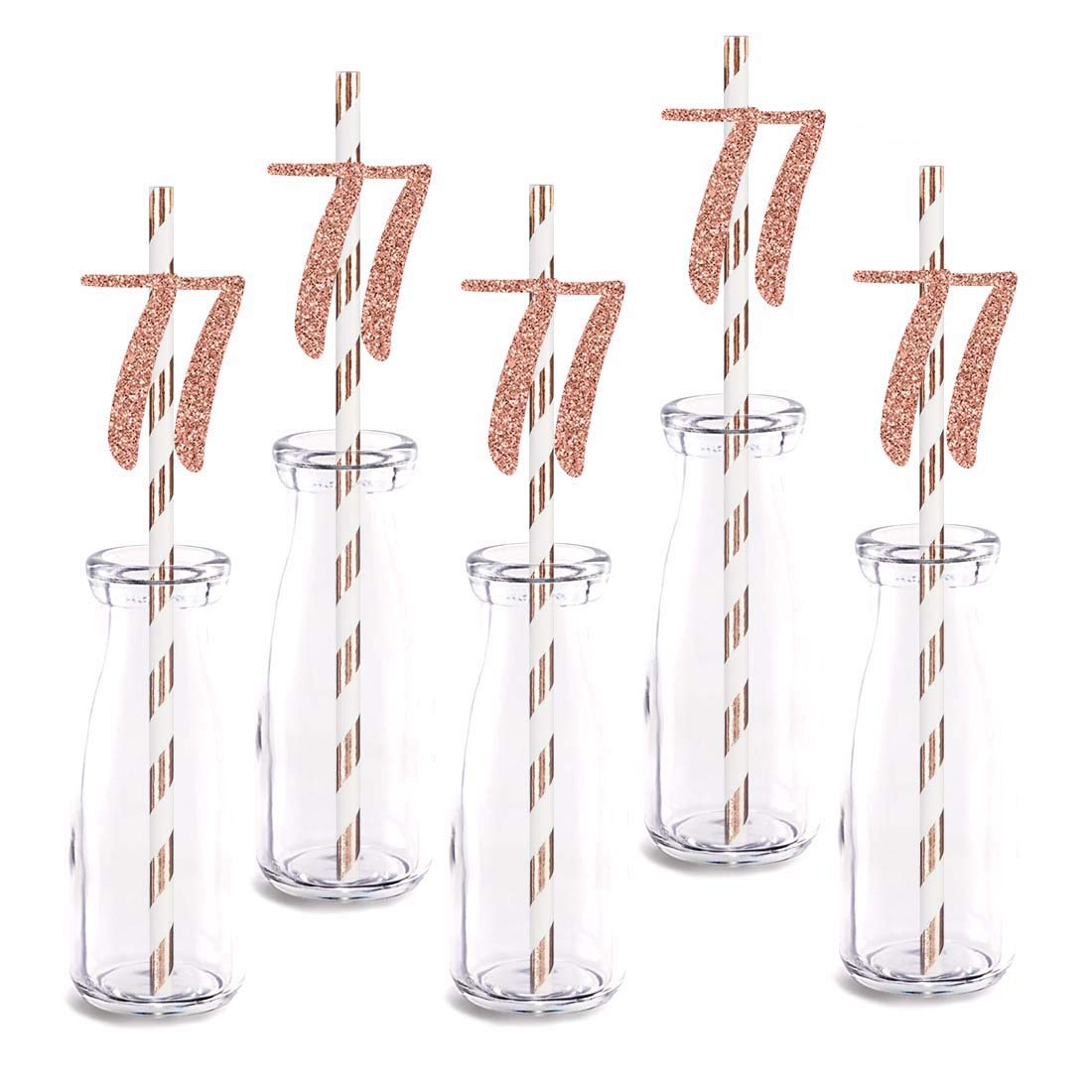 Rose Gold Glitter 77th Birthday Party Straws - 24pcs Cut-Out Number 77 Drinking Decorations for Anniversary Celebrations, Milestone Birthdays & Special Occasions