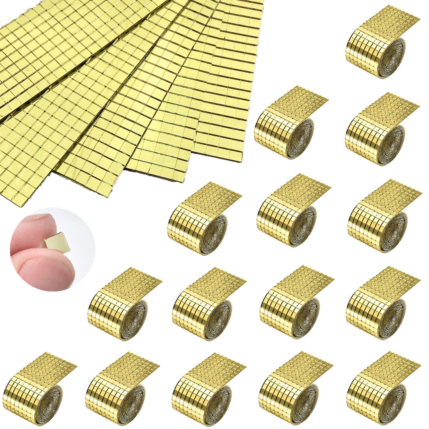 REDODECO 7200Pcs Self-Adhesive Square Mirror Mosaic Tiles - Disco Ball & DIY Craft Glass Tiles in Gold (15 Sheets) for Home Decor, Wall Art, and Party Decoration