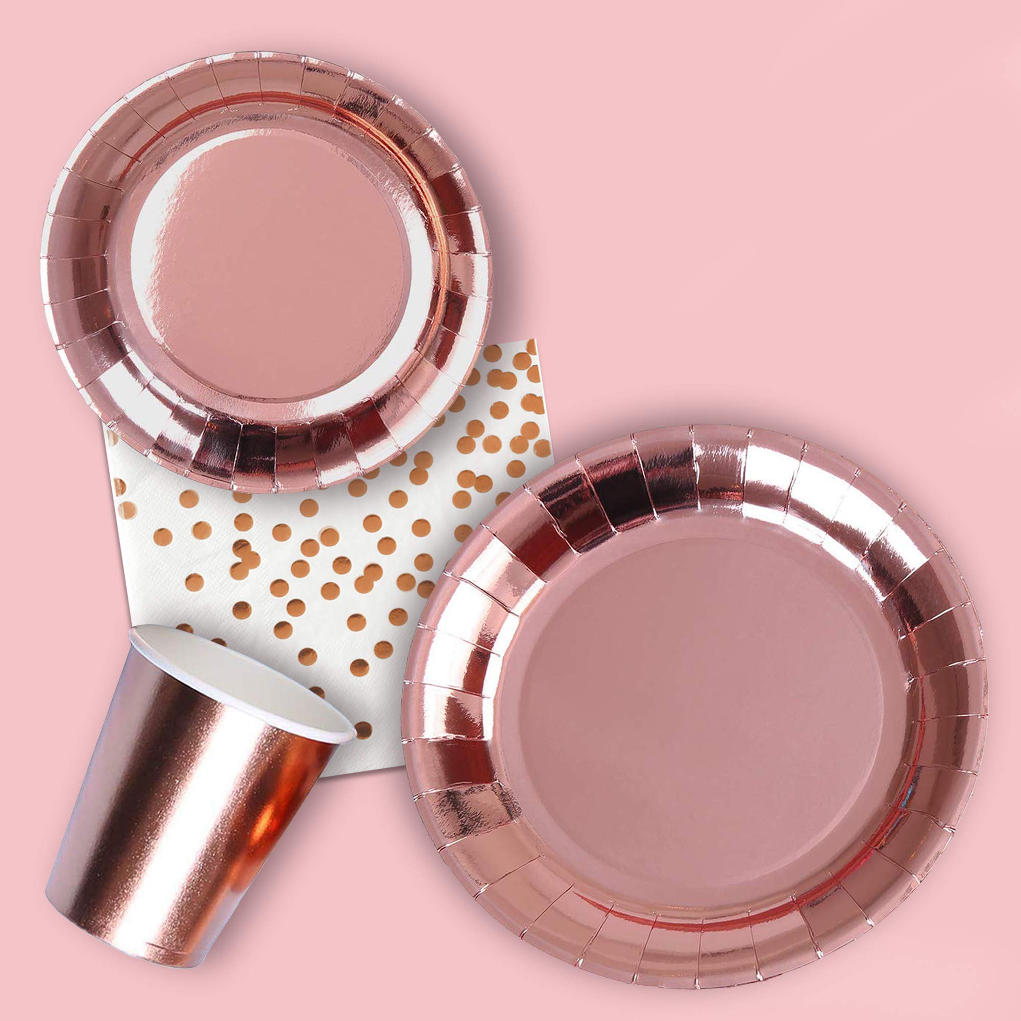 Rose Gold Party Supplies Set - 50 Pieces (Plates, Cups, Napkins) for Birthday, Bridal Shower & Anniversary Celebrations