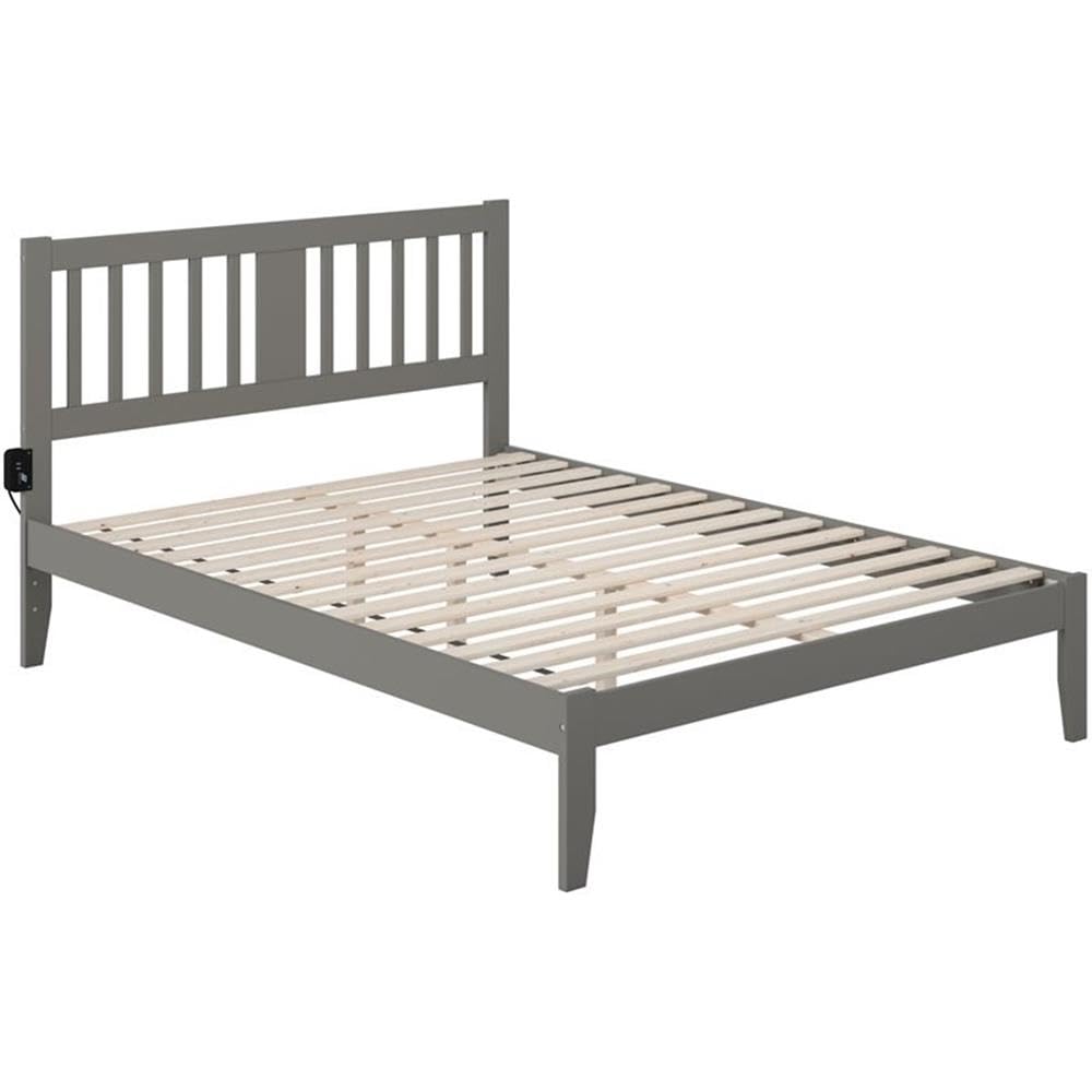 BOWERY HILL Gray Wooden Queen Size Spindle Bed Frame with USB Turbo Charger | Transitional Style Bedroom Furniture for Master Bedroom & Guest Room