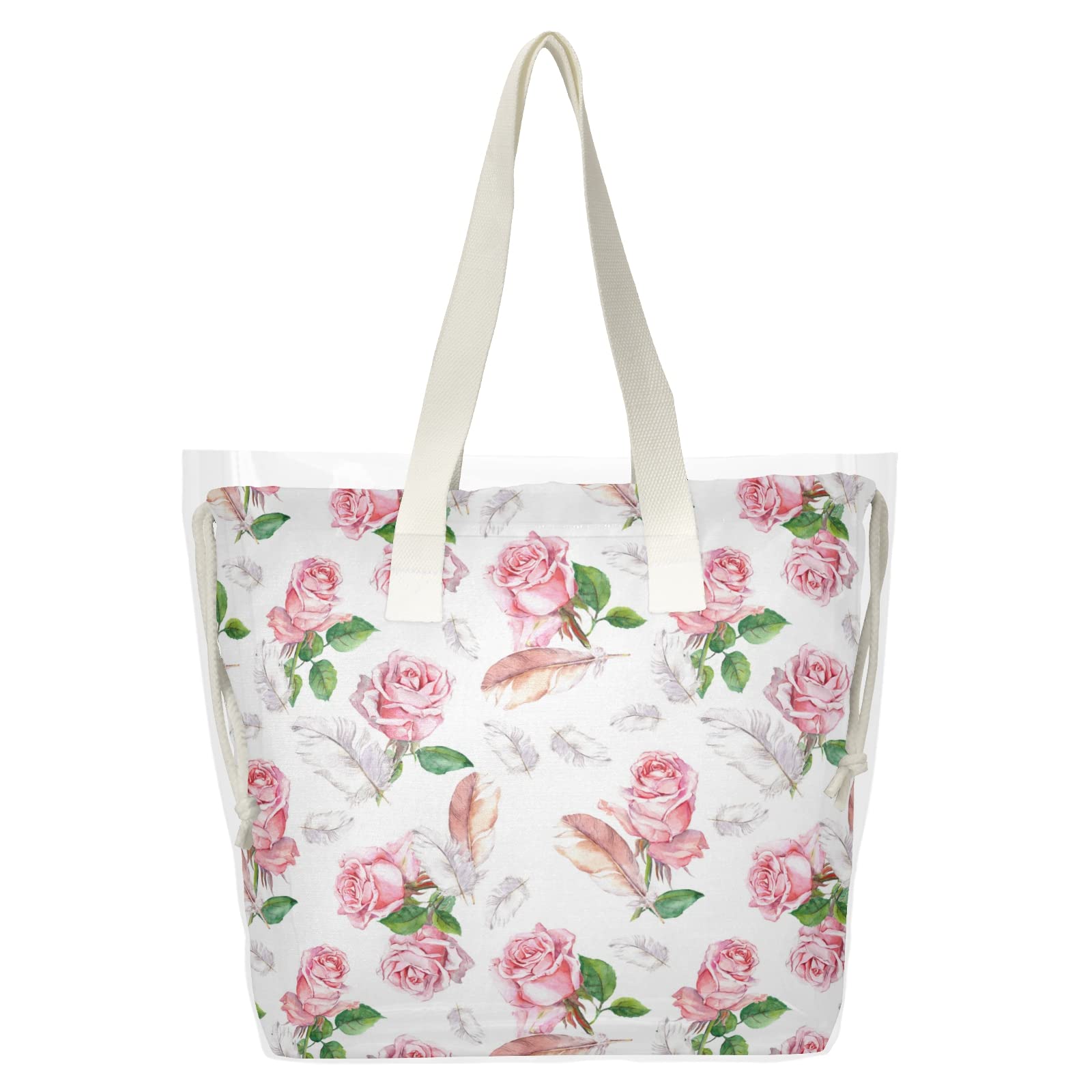Pink Rose & White Leather Women's Clear Tote Bags Set of 2 - Stylish Shoulder Handbag for Beach, Shopping, Work & Daily Use | Waterproof Top Handle Purse for Women's Fashion Accessories
