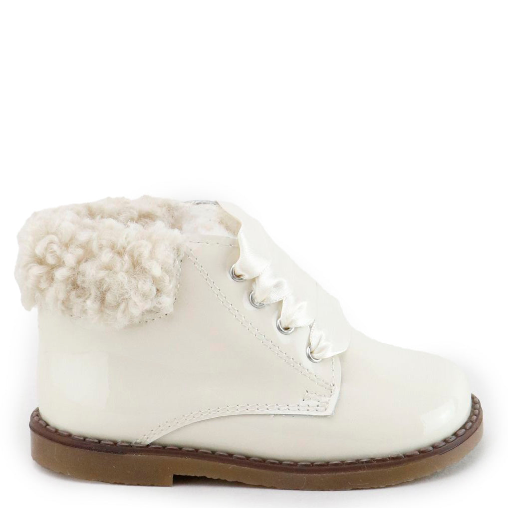 Ivory Patent Leather & Fur Baby Booties - Soft & Stylish First Walkers for Newborns & Infants - Perfect for Winter, Photo Shoots & Special Occasions