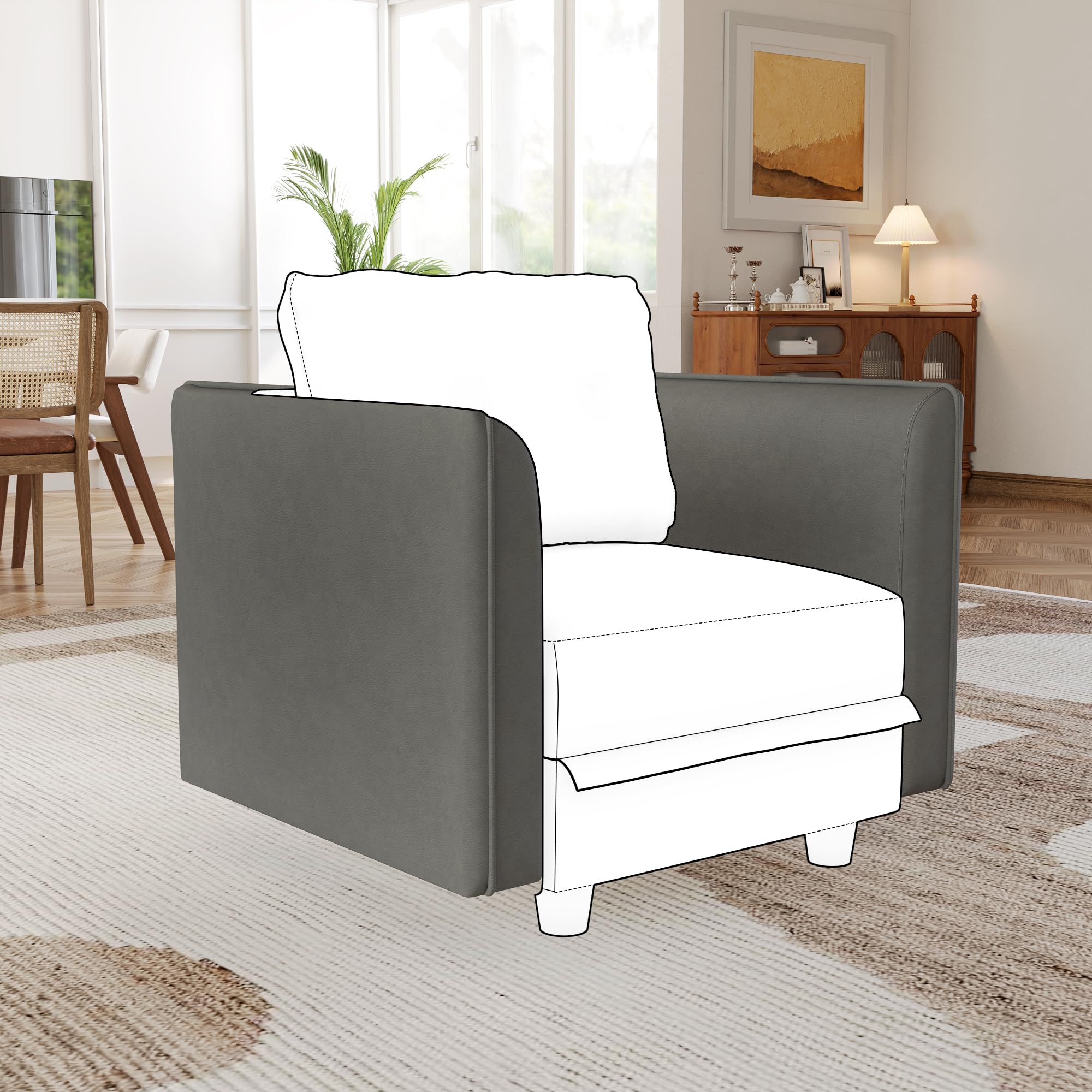 Modular Sofa Set with Side Armrests - Customizable Sectional Couch in Breathable Faux Leather (Dark Grey) for Living Room, Lounge & Home Theater Seating