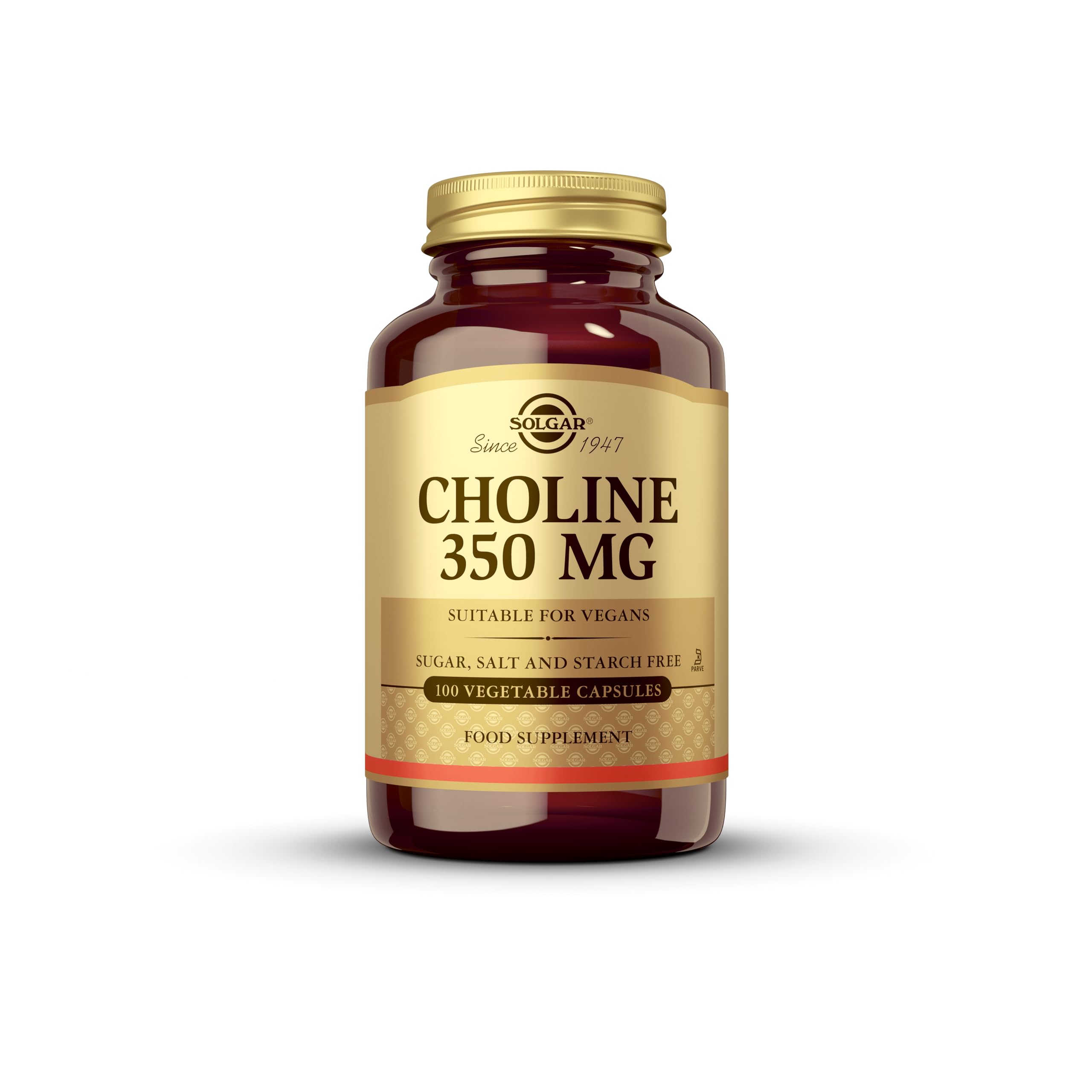 Solgar Choline 350 mg, 100 Vegetable Capsules - Brain & Cellular Support Supplement - Vegan, Gluten Free, Dairy Free, Kosher - 100 Servings - Enhance Memory & Focus for Work & Study