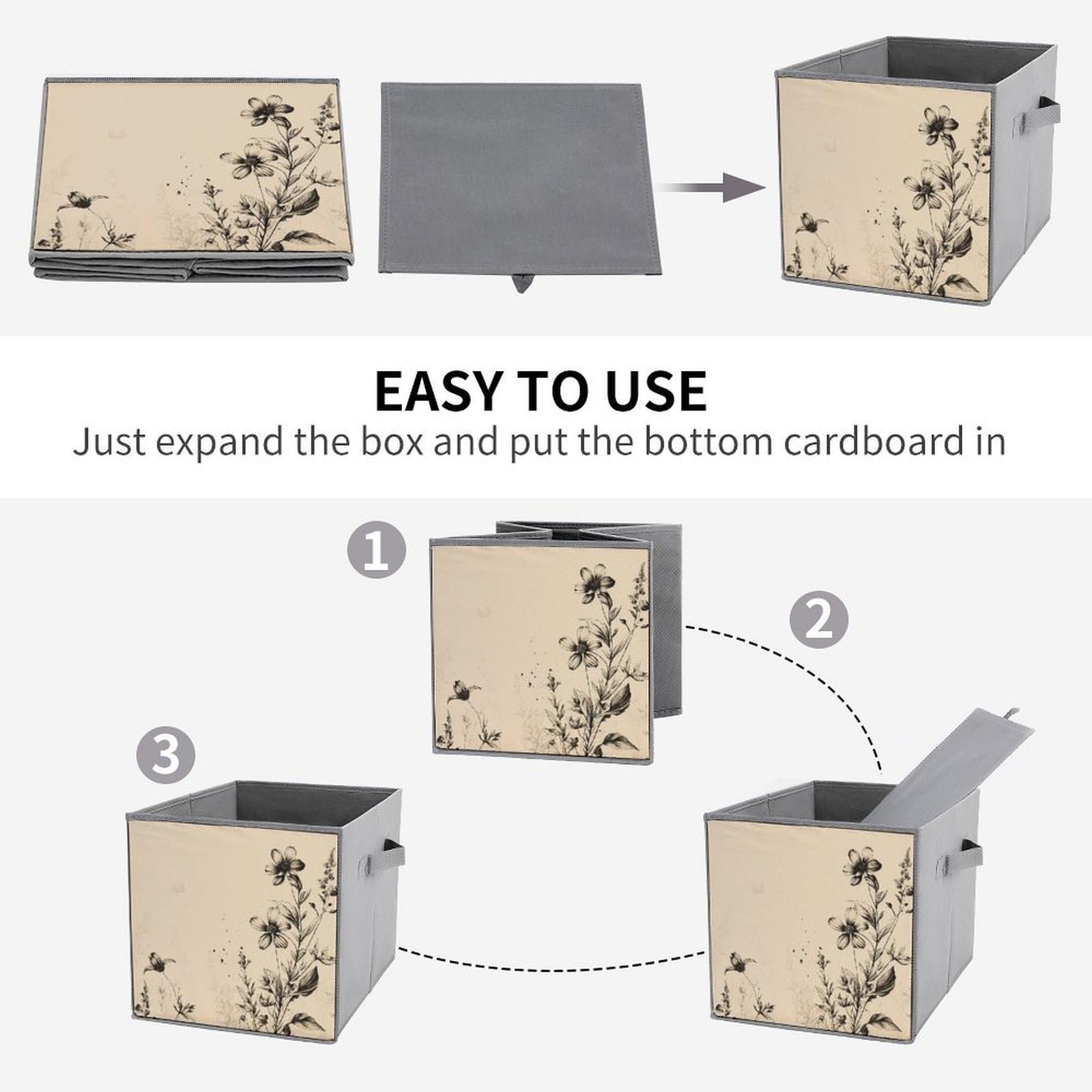 6-Pack Collapsible Storage Bins with Handles - Beige Floral Design Foldable Storage Boxes for Home Organization, Shelves, Closet & Pantry | Space-Saving Home Decor & Multipurpose Storage Solutions