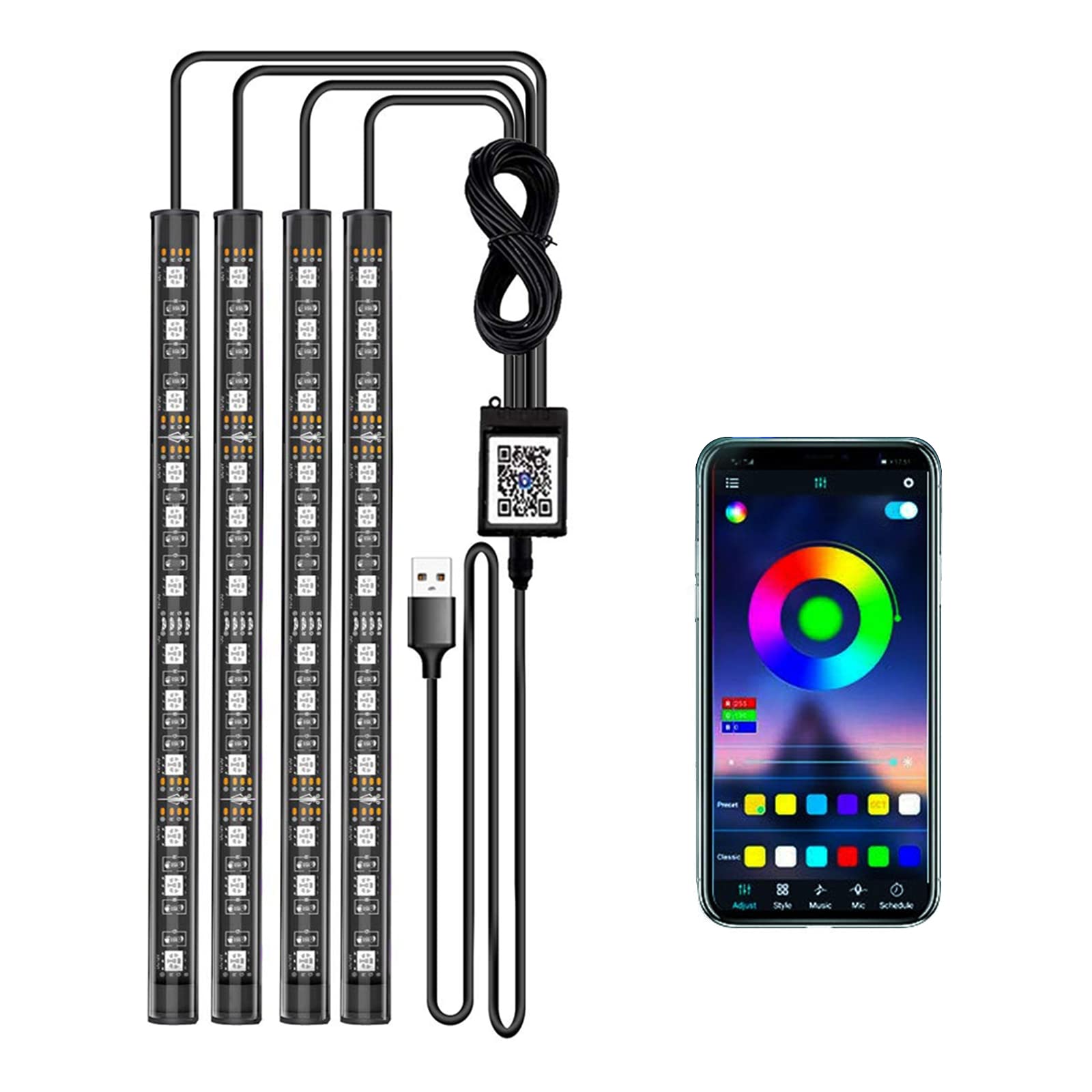 48 LED Waterproof Multicolor Car Interior LED Strip Lights - 4 PCS DIY Music Sync Under Dash Lighting Kit with Sound Activation & App Control (5V DC, Smart USB Port) - Perfect for Car Customization, Night Driving & Party Atmosphere