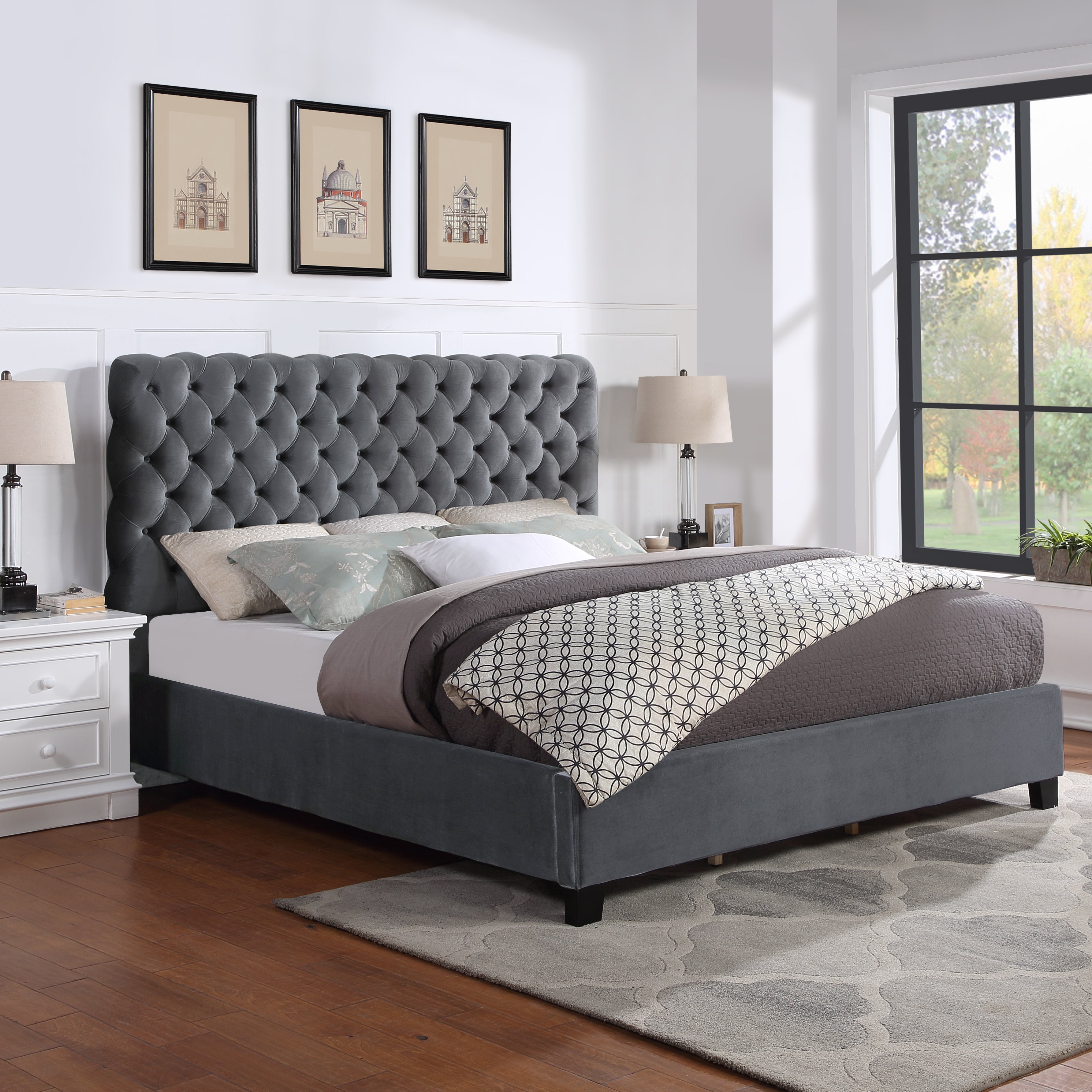 Roundhill Furniture Apoera Velvet Upholstered Button Tufted Queen Bed Frame - Soft Gray Luxe Bedroom Furniture for Master Suite & Guest Room