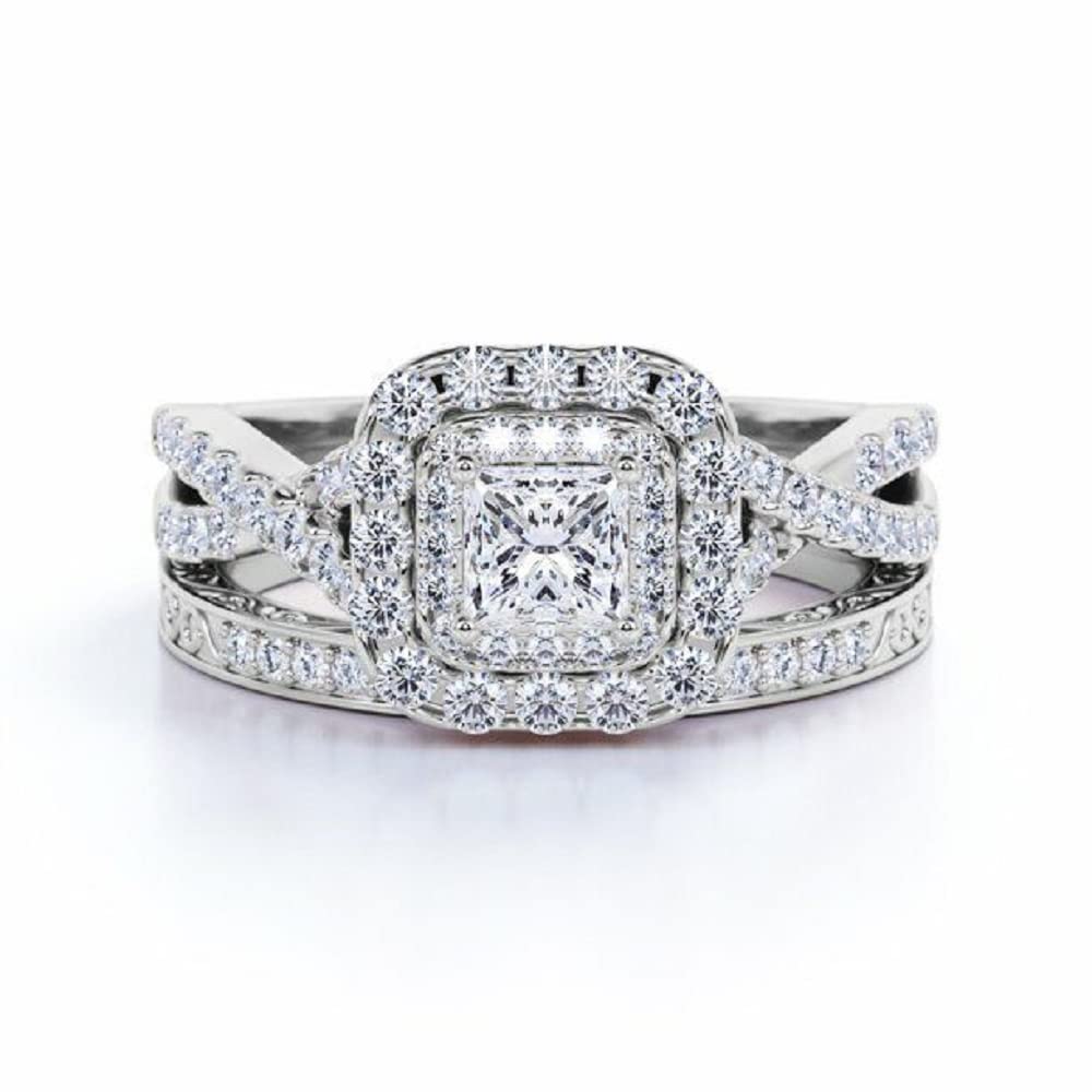 Reyansh Princess & Round Cut White Diamond 925 Sterling Silver 14K White Gold Over Diamond Engagement Ring Set for Women - Perfect for Proposals, Weddings, Anniversaries & Special Occasions