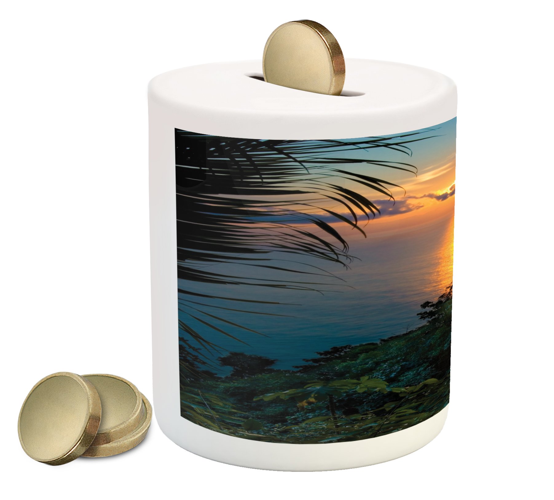 Ambesonne Rainforest Piggy Bank - Ceramic Money Box with Tropical Sunrise, Ocean & Leaf Print for Cash Savings | Green, Blue, Orange | Perfect for Kids' Savings, Home Decor & Gift Giving