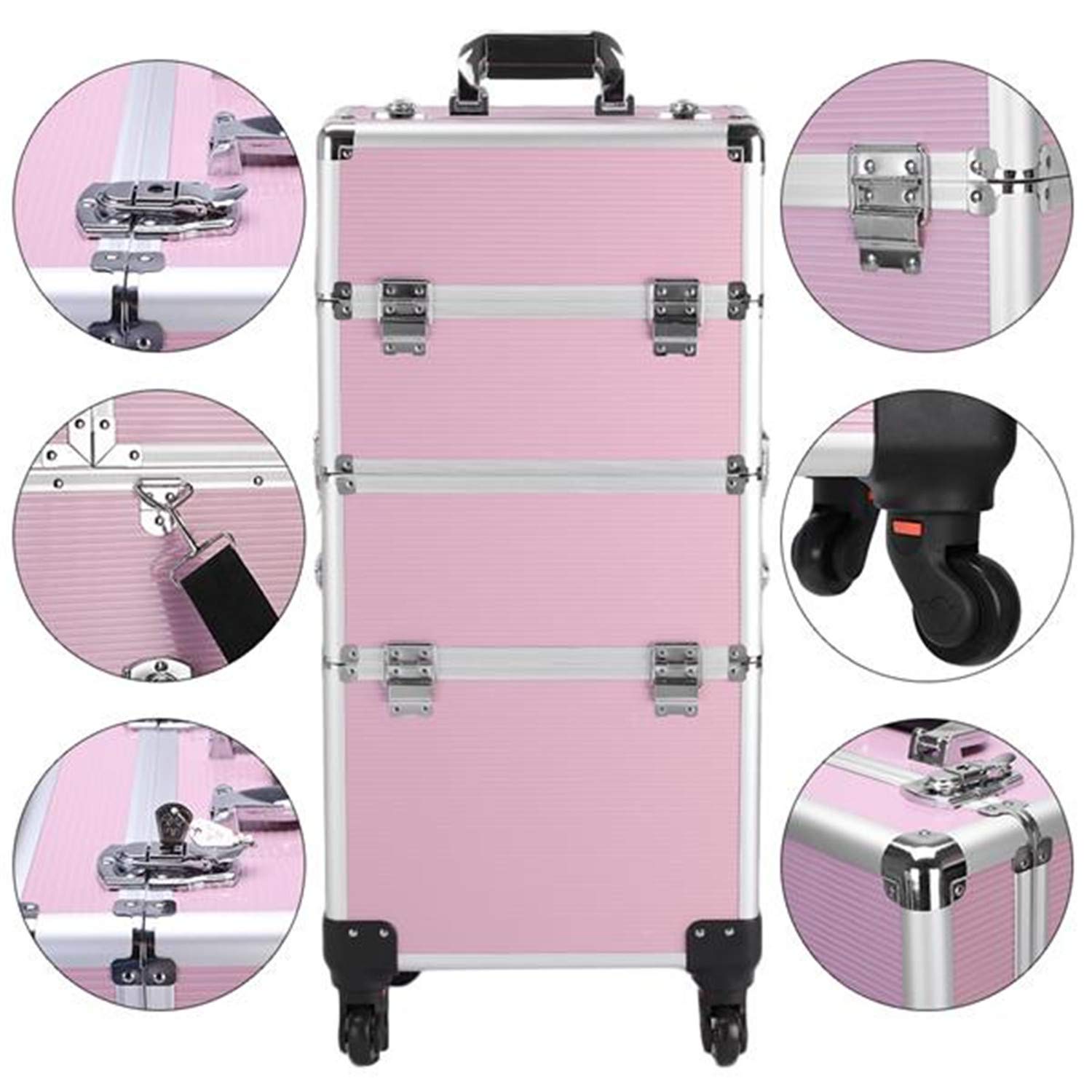 Professional 3-in-1 Aluminum Rolling Makeup Case - Cosmetic Organizer with 4 Detachable Wheels, Pink Trolley Train Case for Artists & Tattoo Professionals | Perfect for Salon, Travel & Mobile Beauty Services