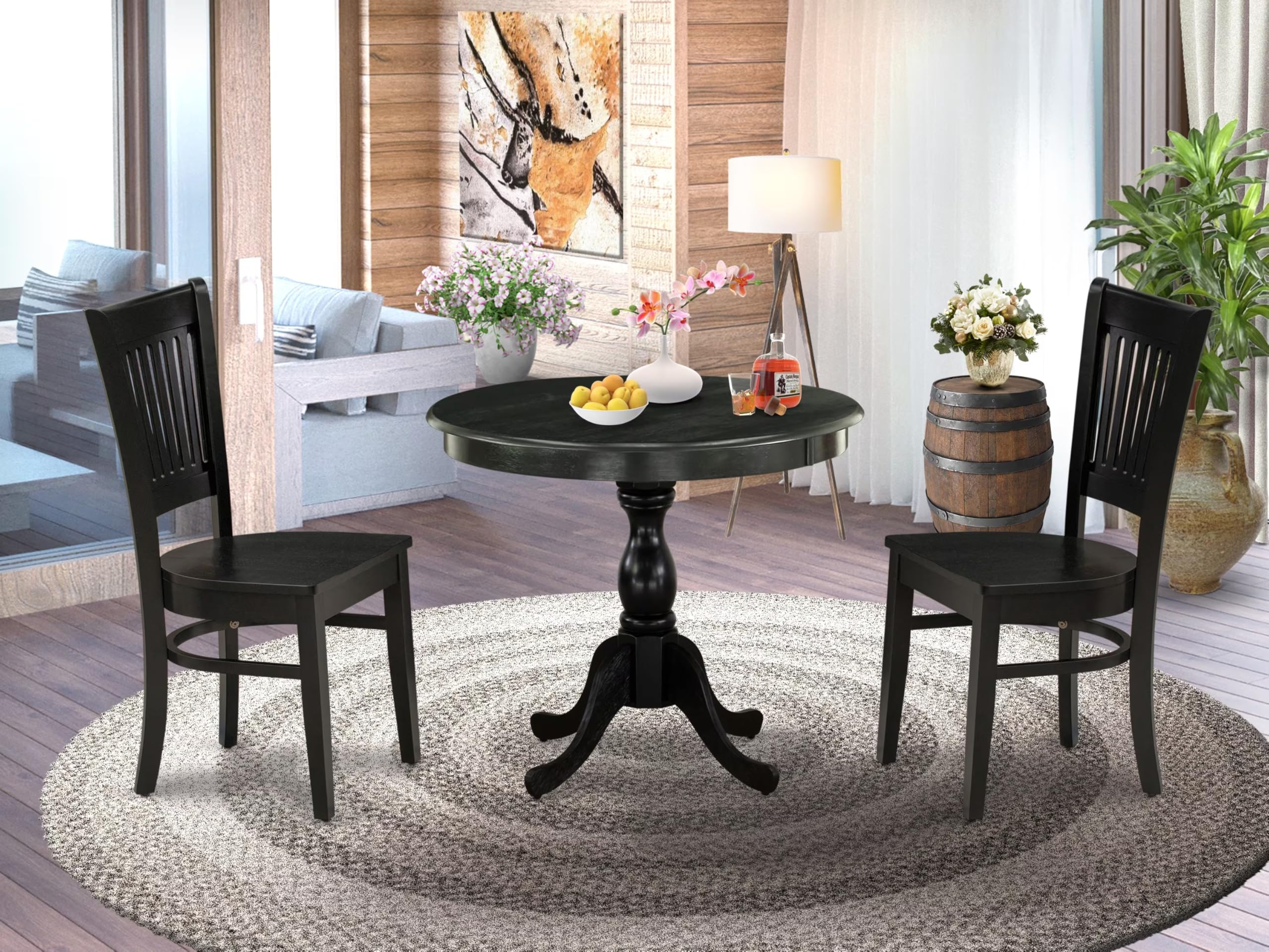 East West Furniture 3-Piece Round Dining Table Set with Pedestal Base & 2 Chairs - 36x36 Inch Black Kitchen Table for Small Spaces | Perfect for Apartments, Breakfast Nooks & Cozy Dining Areas