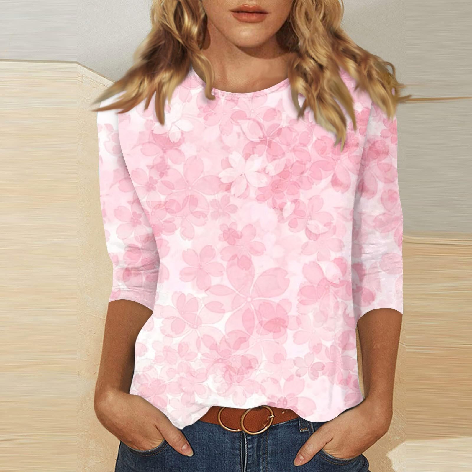 Women's Summer 3/4 Sleeve Floral Print Crew Neck T-Shirt - Trendy Casual Light-Colored Blouse for 2024 | Perfect for Office Wear, Date Nights & Weekend Outfits