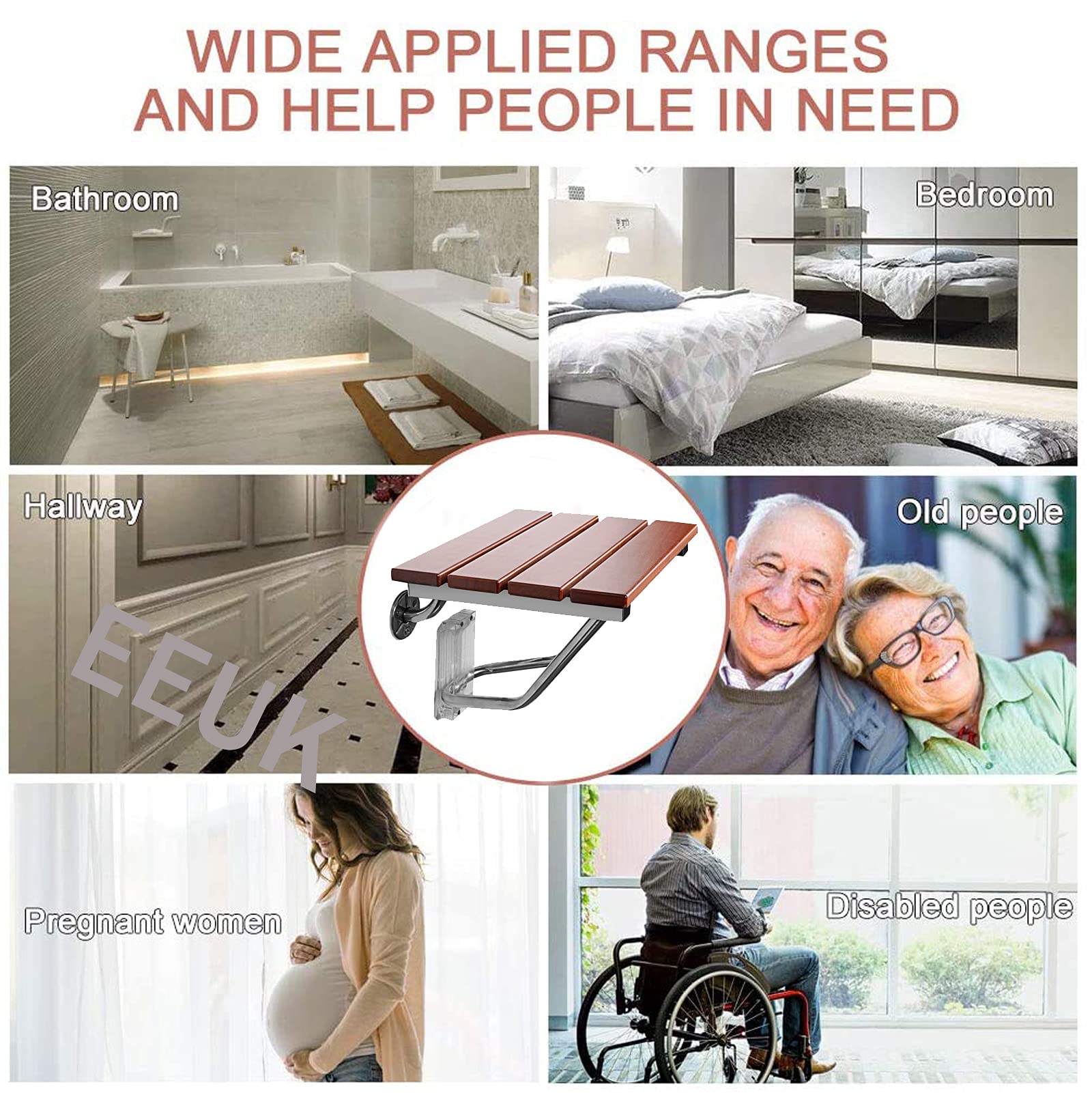 Foldable Wall Mounted Shower Seat Bench - 300lb Capacity Waterproof Wooden Bath Stool for Elderly & Disabled - Space Saving Medical Shower Chair for Small Bathrooms & Accessible Showers