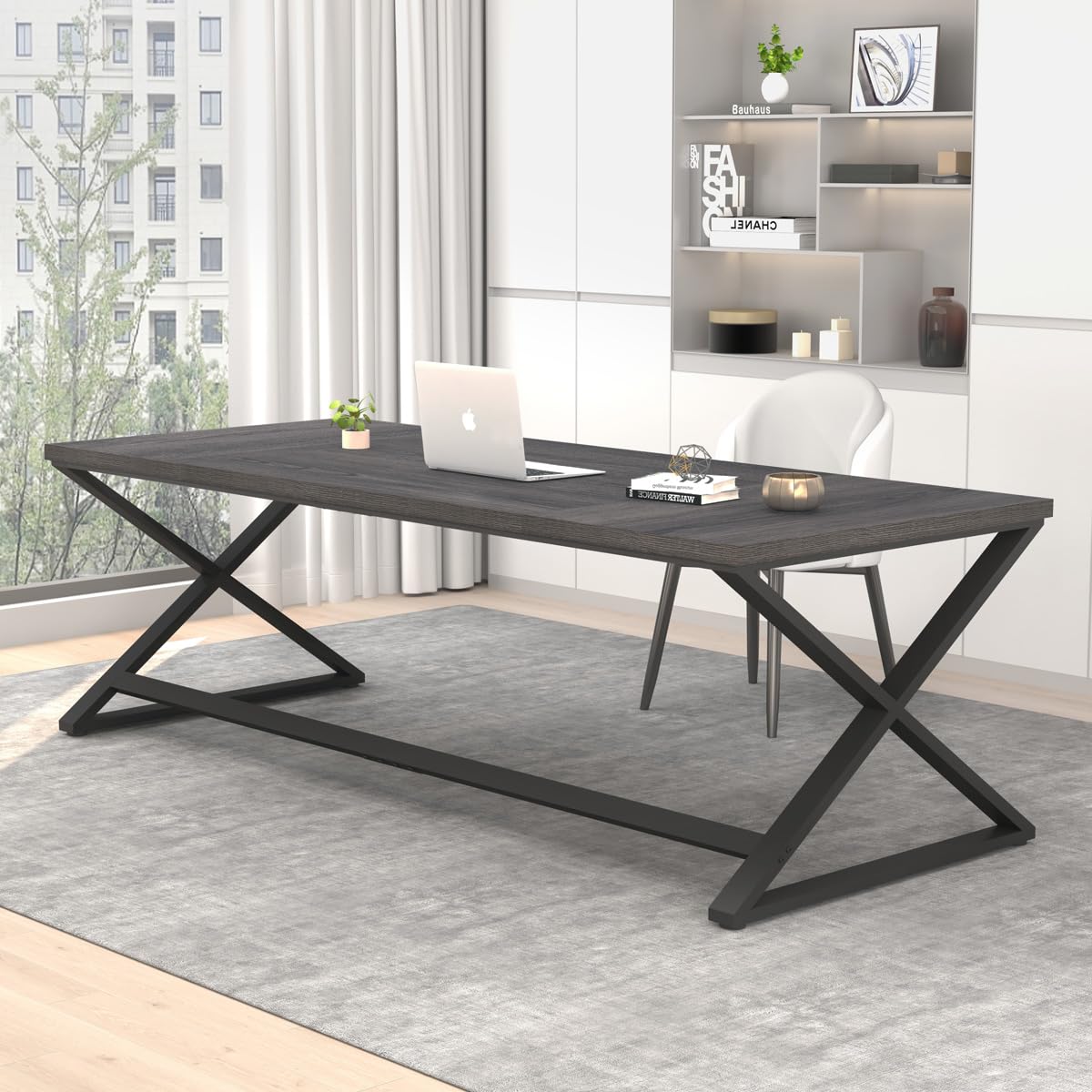 70 Inch Large Computer Desk for Home Office - Industrial Style Wood & Metal Writing Study Desk with Monitor Stand, Gaming Workstation for 2 Screens - Dark Gray Oak Finish (Perfect for Small Spaces & Multi-Monitor Setups)