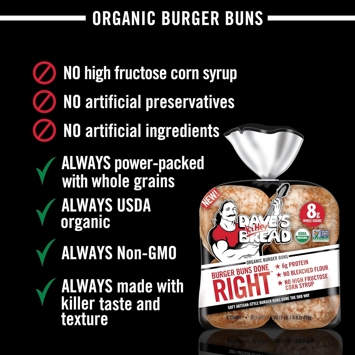 Dave's Killer Bread White Burger Buns - Pack of 2 (16 Buns Total, 17.6 Oz) | Soft Artisan Buns for Burgers, Sandwiches & BBQs | Non-GMO & Organic