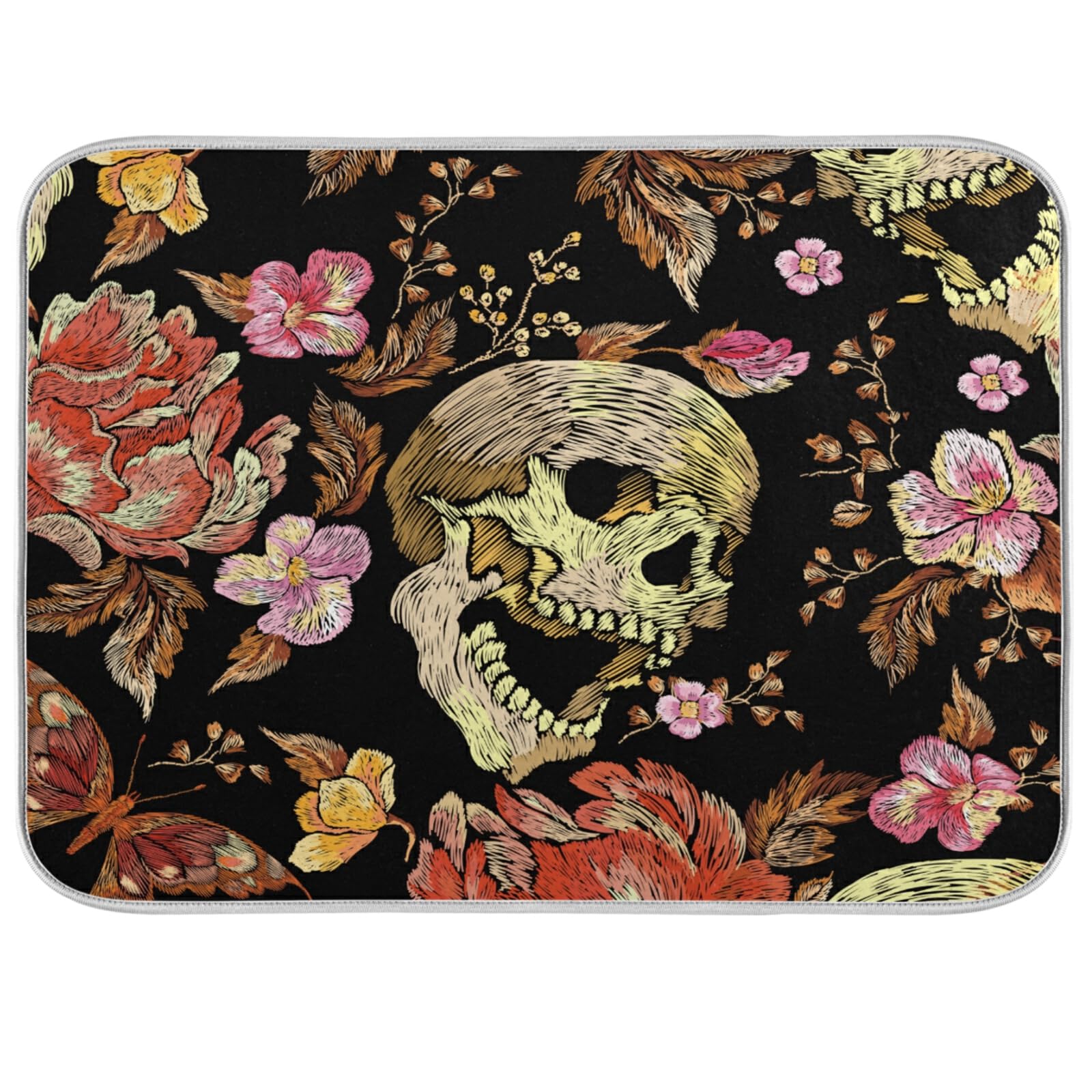Halloween Skull Dish Drying Mat - Absorbent Microfiber Kitchen Counter Mat for Dishes, Utensils & Cookware - Washable & Durable 18x24 Inches - Perfect for Halloween Decor, Kitchen Countertop & Dish Drying Station