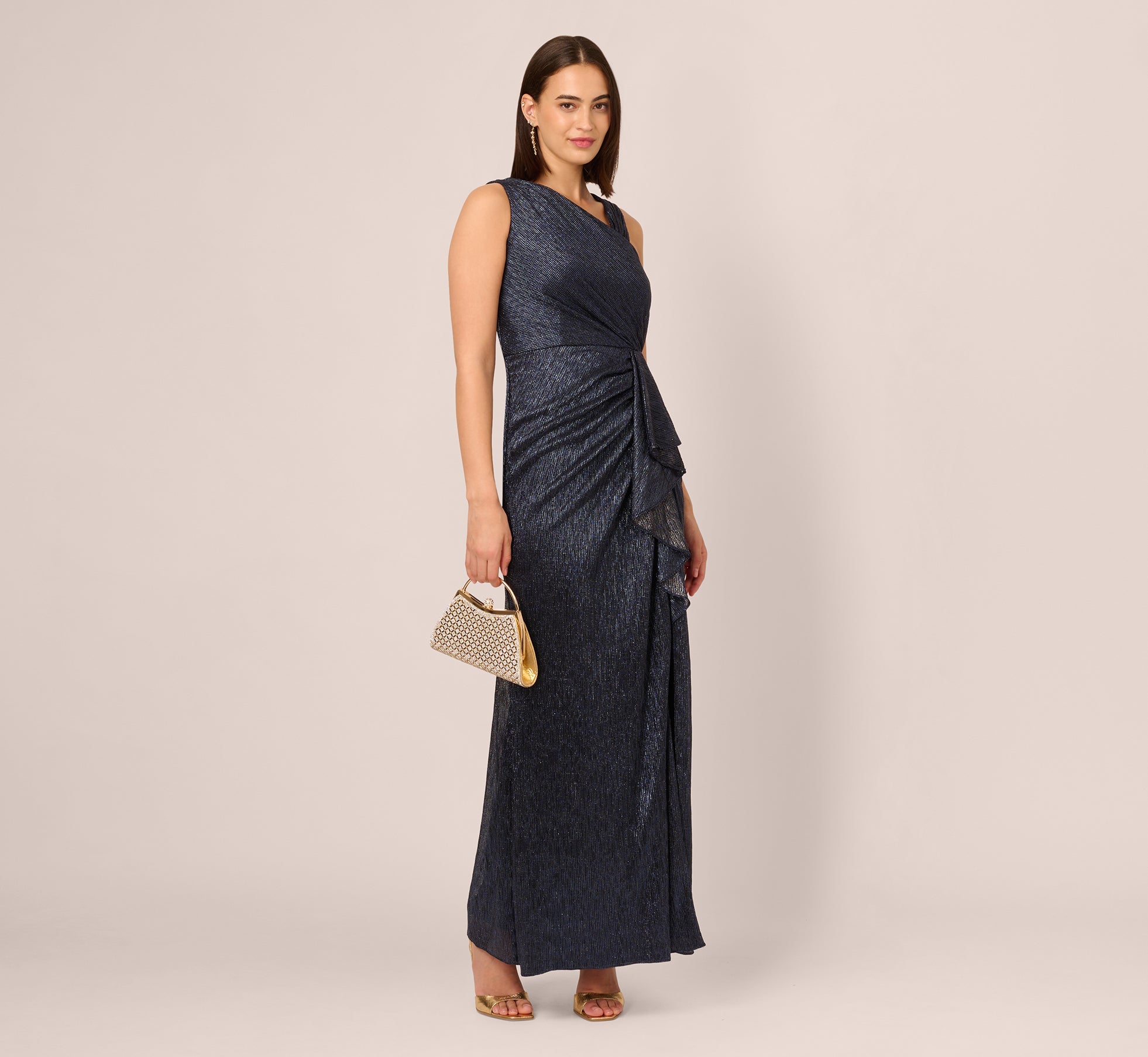 Elegant Navy Blue Metallic Foil Long Draped Evening Dress for Women - Perfect for Prom, Gala & Formal Events
