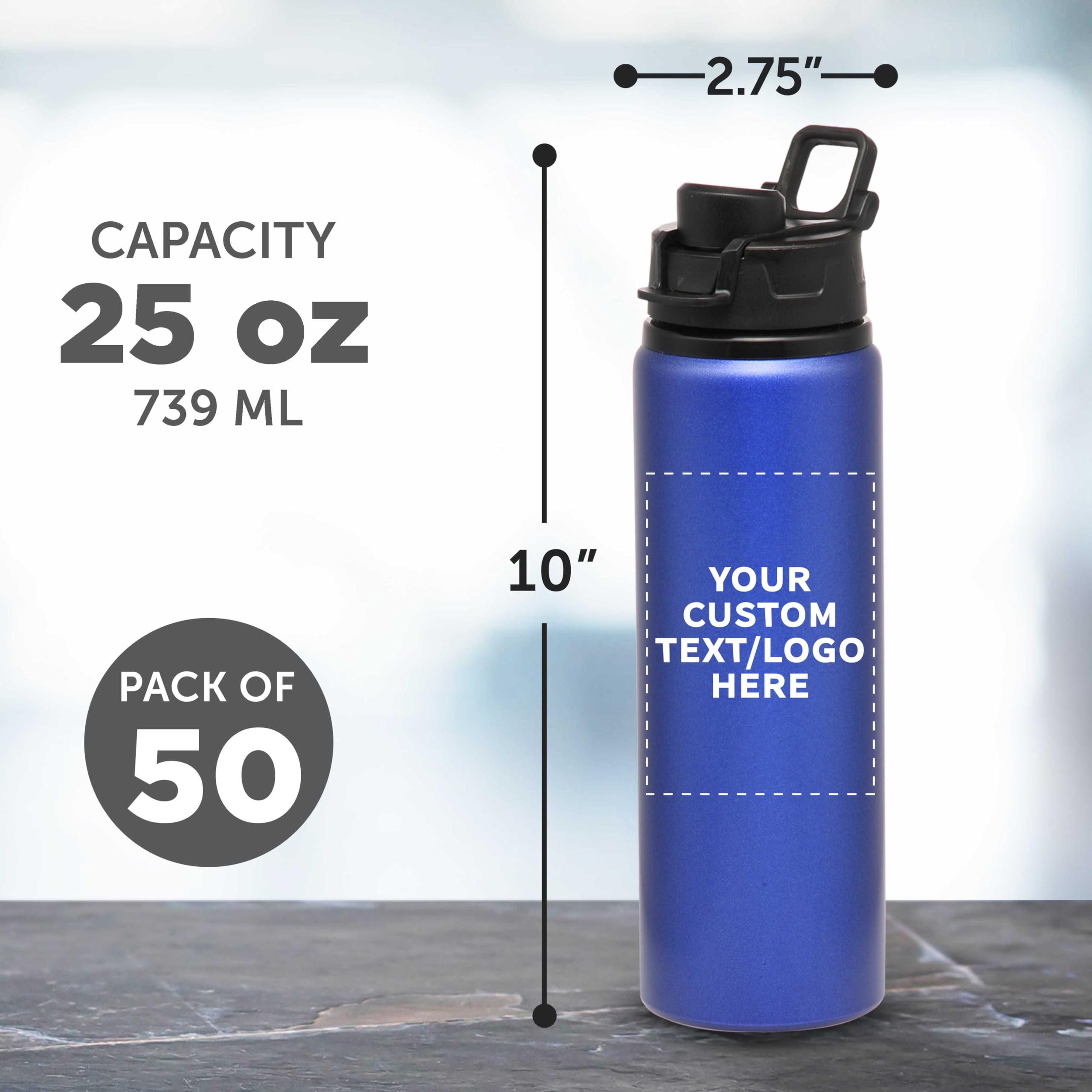 Custom 25oz Aluminum Water Bottles with Snap Lids - Bulk Pack of 50 Reusable Personalized Drinkware for Gym, Hiking, Cycling & School - Eco-Friendly Hydration Solution for Sports, Outdoor Adventures & Corporate Gifts - Blue
