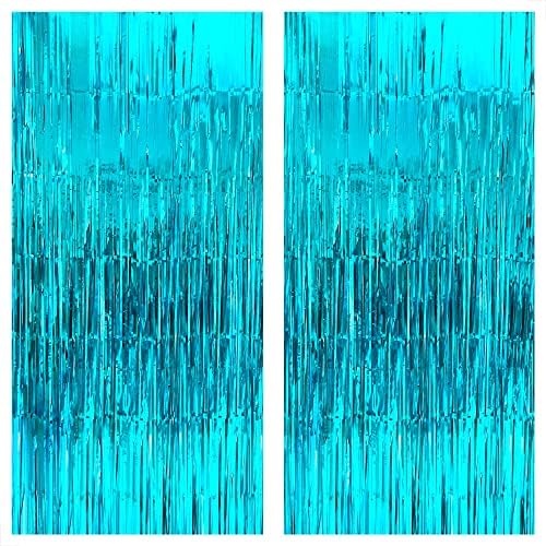 KatchOn Extra Large Blue Foil Fringe Curtains - 3.2x8 Feet (Pack of 2) | Water Streamer Backdrop for Beach Party, Under The Sea Theme, Summer Decorations | Perfect for Birthday Parties, Baby Showers, and Wedding Decor