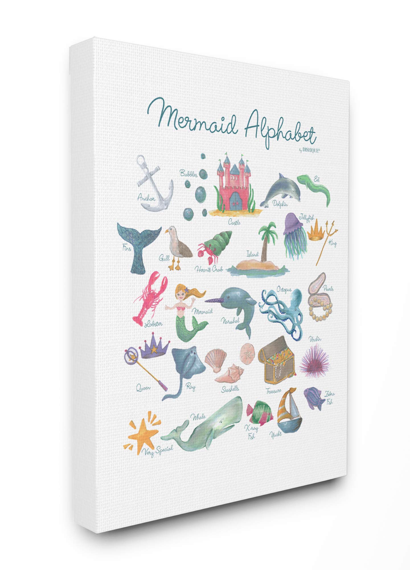 Stupell Kids Room Decor - Watercolor Mermaid Alphabet Canvas Art with Sea Creatures, Bubbles & Anchor - 11x14 Multi-Color Stretched Wall Painting | Perfect for Nursery, Bedroom & Playroom Decor