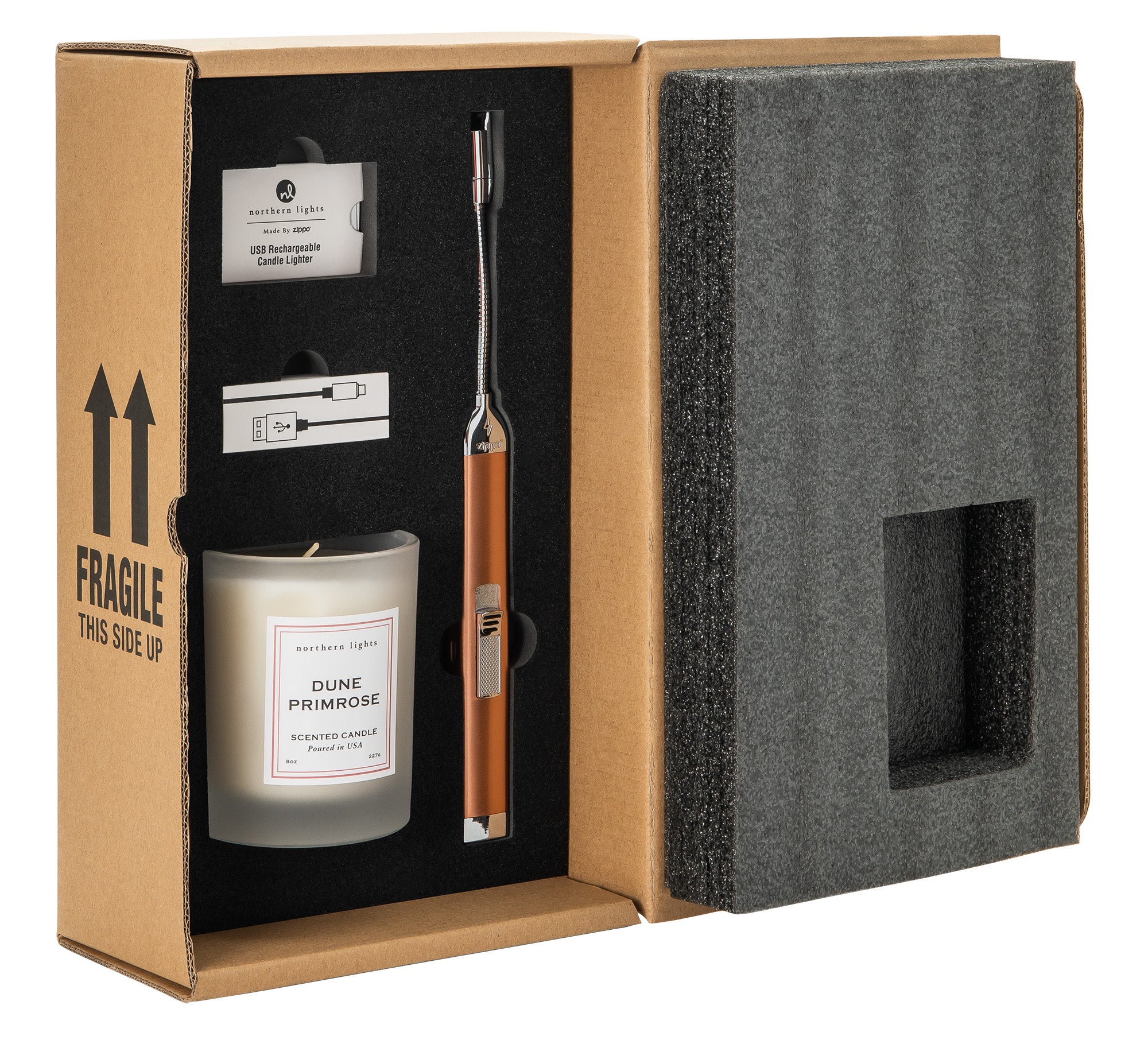Rose Gold Rechargeable Candle Lighter with 8 oz Dune Primrose Scented Candle - Elegant Flameless Gift Set for Home, Wedding & Romantic Decor