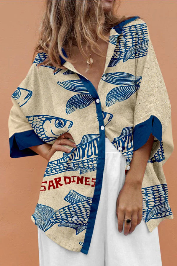 Stylish Marine Print Casual Loose Shirt Top for Women - Beachwear, Summer Vacation & Boho Outfit
