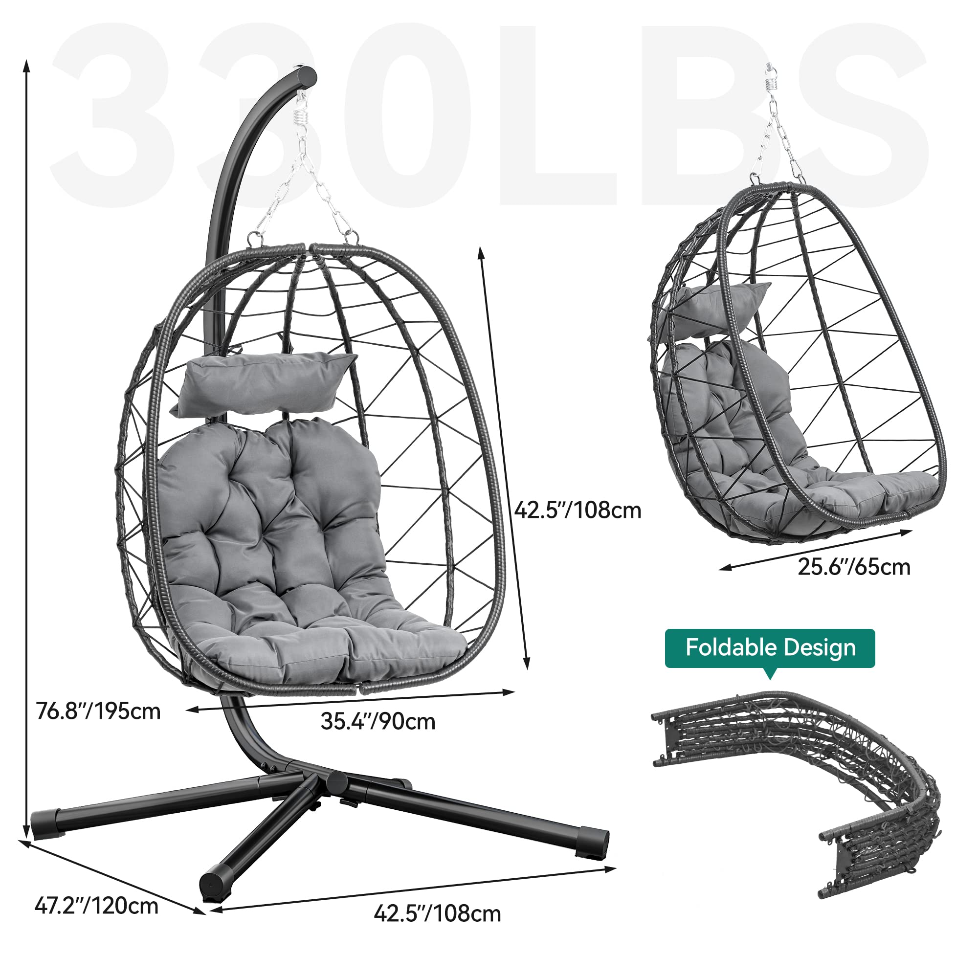 YITAHOME Dark Gray Hanging Egg Chair with Stand - 330lbs Capacity Wicker Swing Chair for Indoor & Outdoor Use - Includes Cushions - Perfect for Patio, Bedroom, Garden, Balcony - Relaxing Hammock Chair for Reading & Lounging