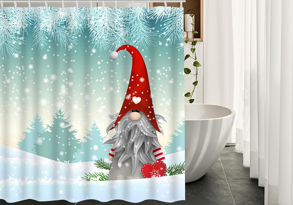 WONDERTIFY Scandinavian Christmas Gnome Tomte Shower Curtain - Waterproof Winter Landscape Holiday Bathroom Decor with Cute Elf Nisser Design - 72x84 Inch for Festive Home & Bathroom Decorations - Perfect for Christmas, Winter Holidays and Nordic-Themed Bathrooms