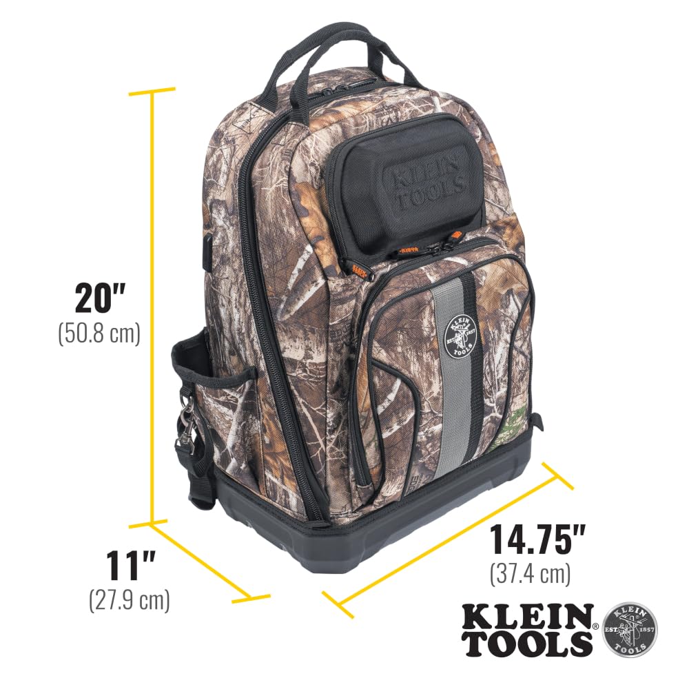 Klein Tools 62800BPCAMO Tradesman Pro Extra-Large 40-Pocket Camo Tool Backpack with Molded Bottom & Charging Port - Durable Jobsite Backpack for Electricians, Contractors & DIY Projects