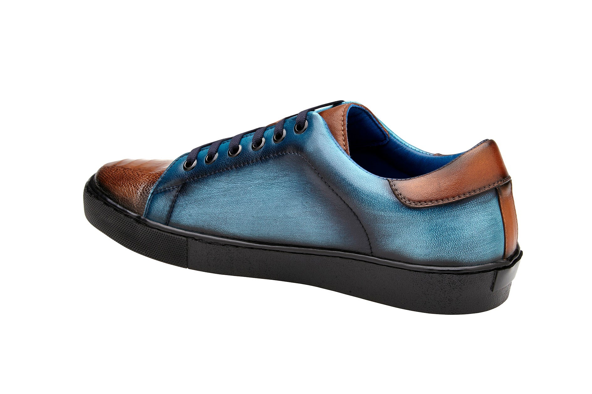 Belvedere Genuine Ostrich Leather & Italian Calfskin Sneakers - Antique Brandy/Antique Ocean Blue Y31 - Comfortable Luxury Shoes for Casual Wear & Street Style