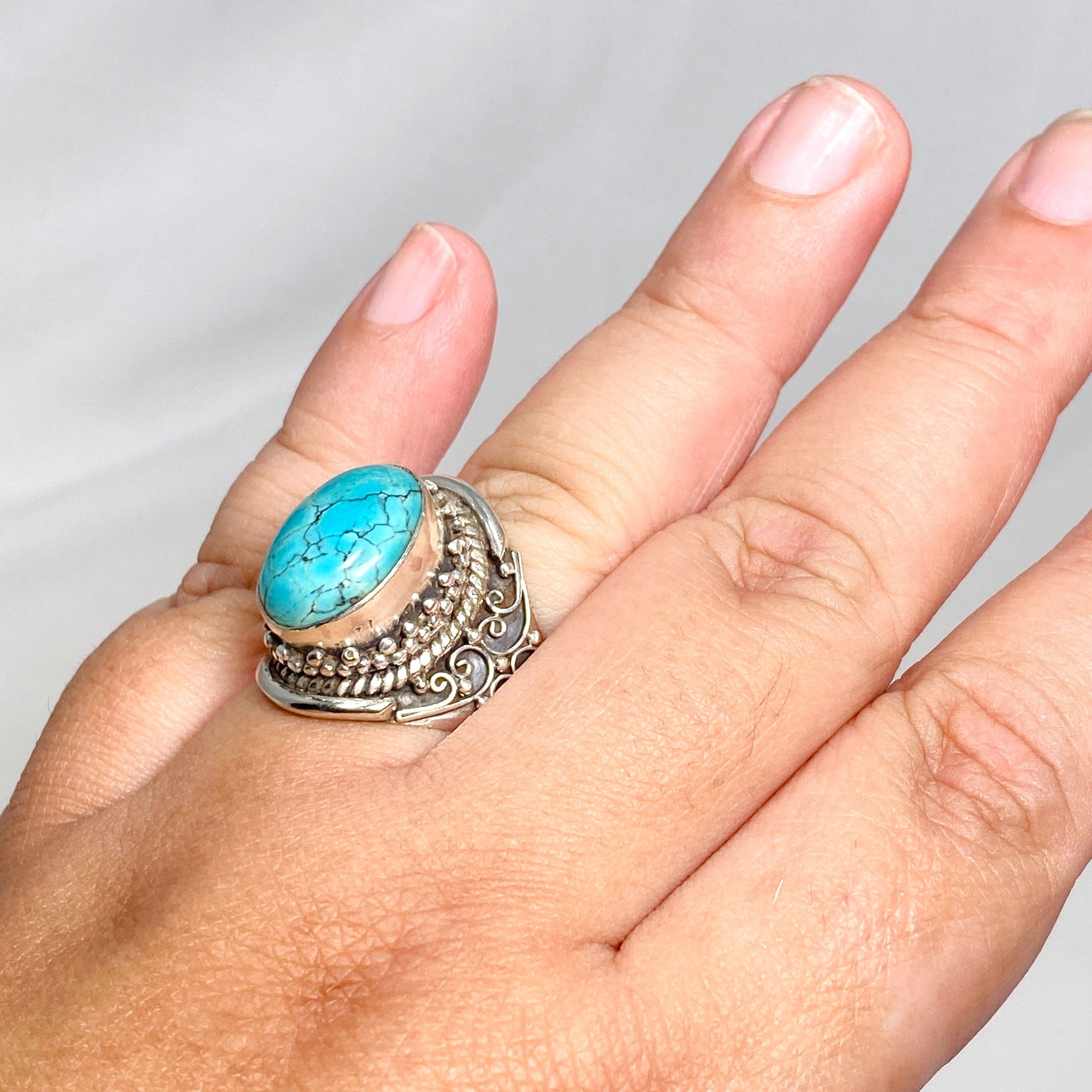 Boho Style Turquoise Ring KRGJ3244 - Handmade Sterling Silver Jewelry for Women, Perfect for Festivals, Beach Parties & Everyday Boho Fashion