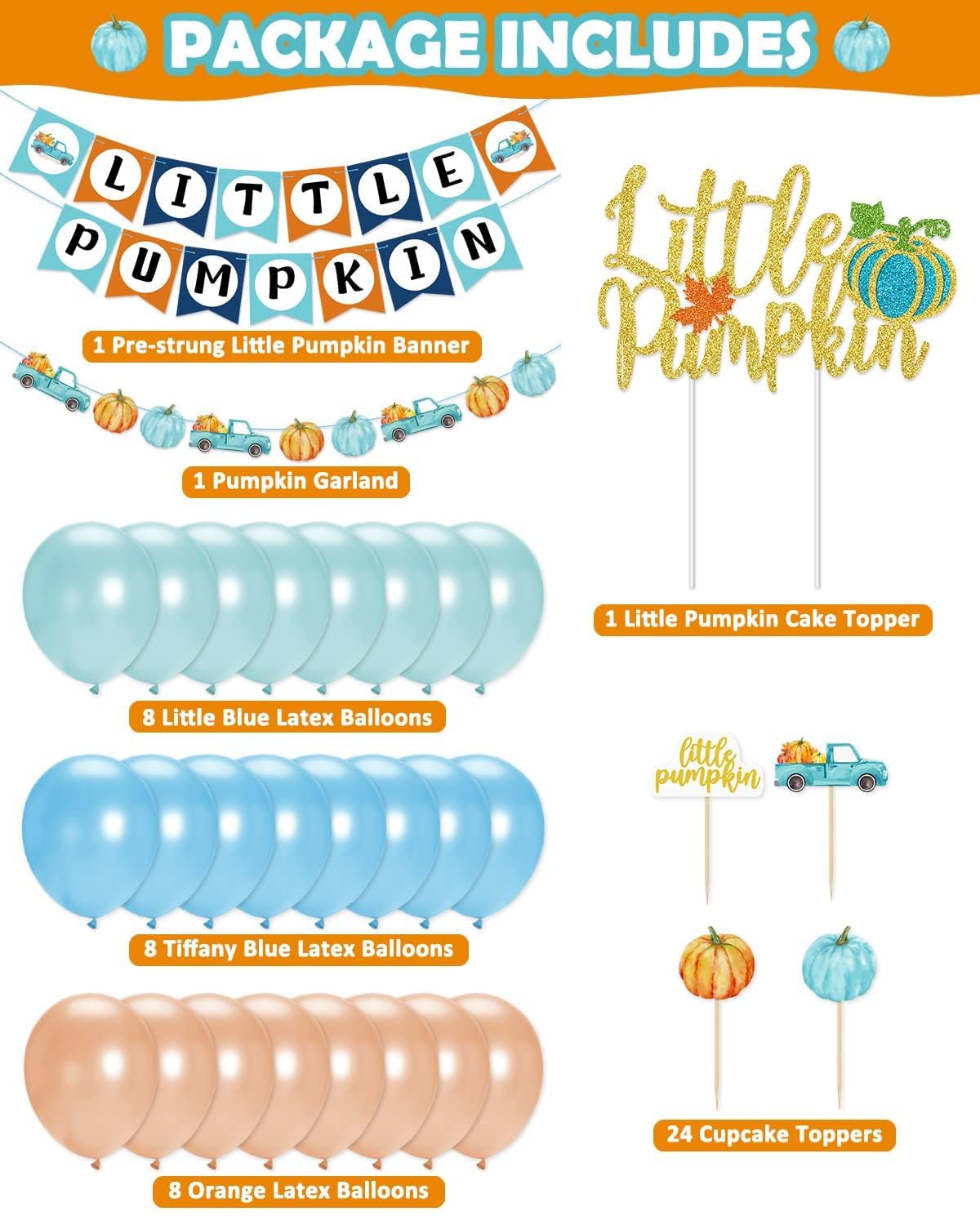 Blue & Gold Glitter Pumpkin Decorations - Baby Shower Garland, Cake Toppers & Latex Balloons for Fall Birthday, Thanksgiving Party Supplies | Perfect for Autumn Celebrations, Nursery Decor and Seasonal Festivities