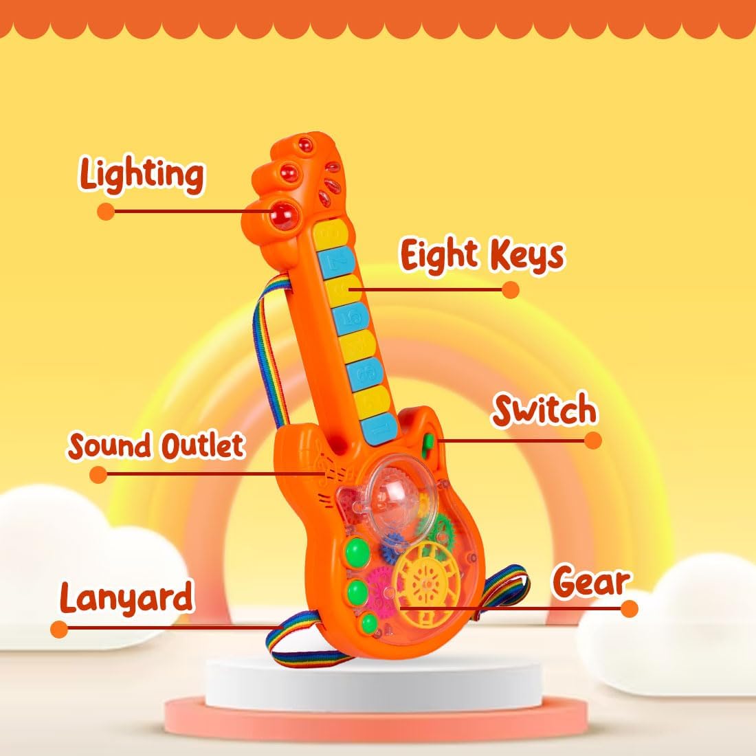 Kid Kraze® Battery Operated Musical Toy Guitar with 8 Keys & 3D Gear - Light Up Effects for Toddlers & Kids (Orange) | 3xAA Battery Powered (Not Included) | Perfect Birthday Gift for Boys & Girls, Pretend Play & Early Music Education