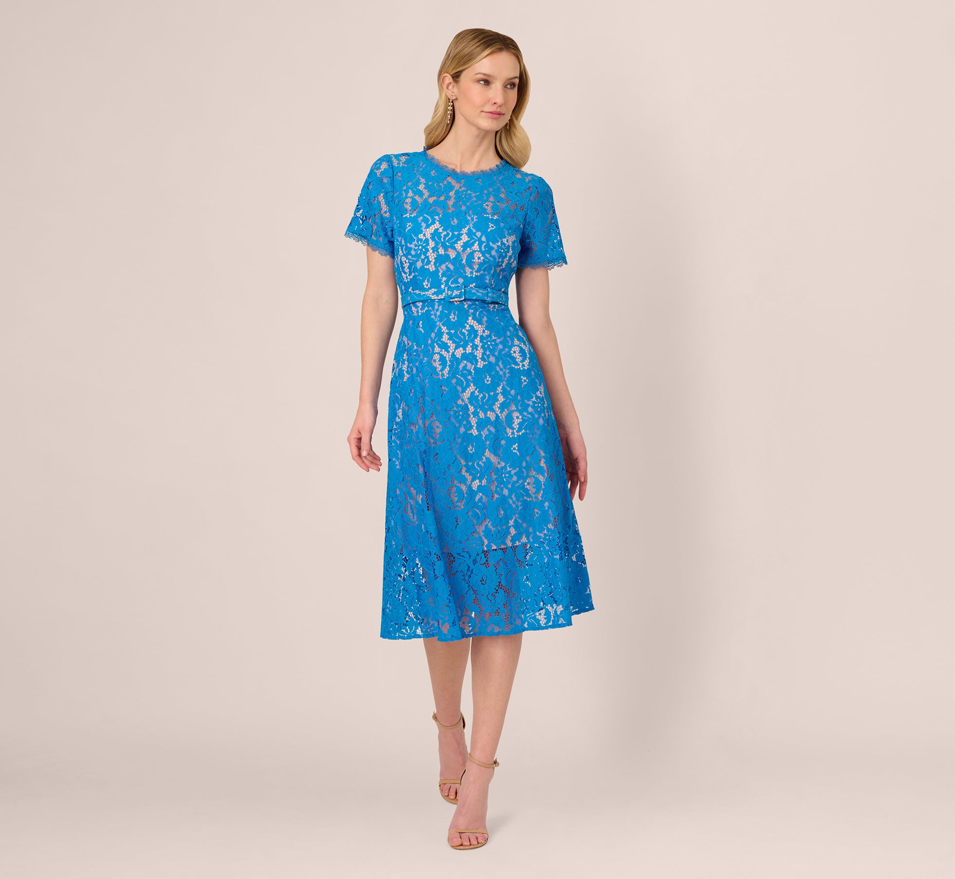 Blue Wave Short Sleeve Belted Lace Midi Dress for Women - Summer Beach Wedding Party & Vacation Outfit