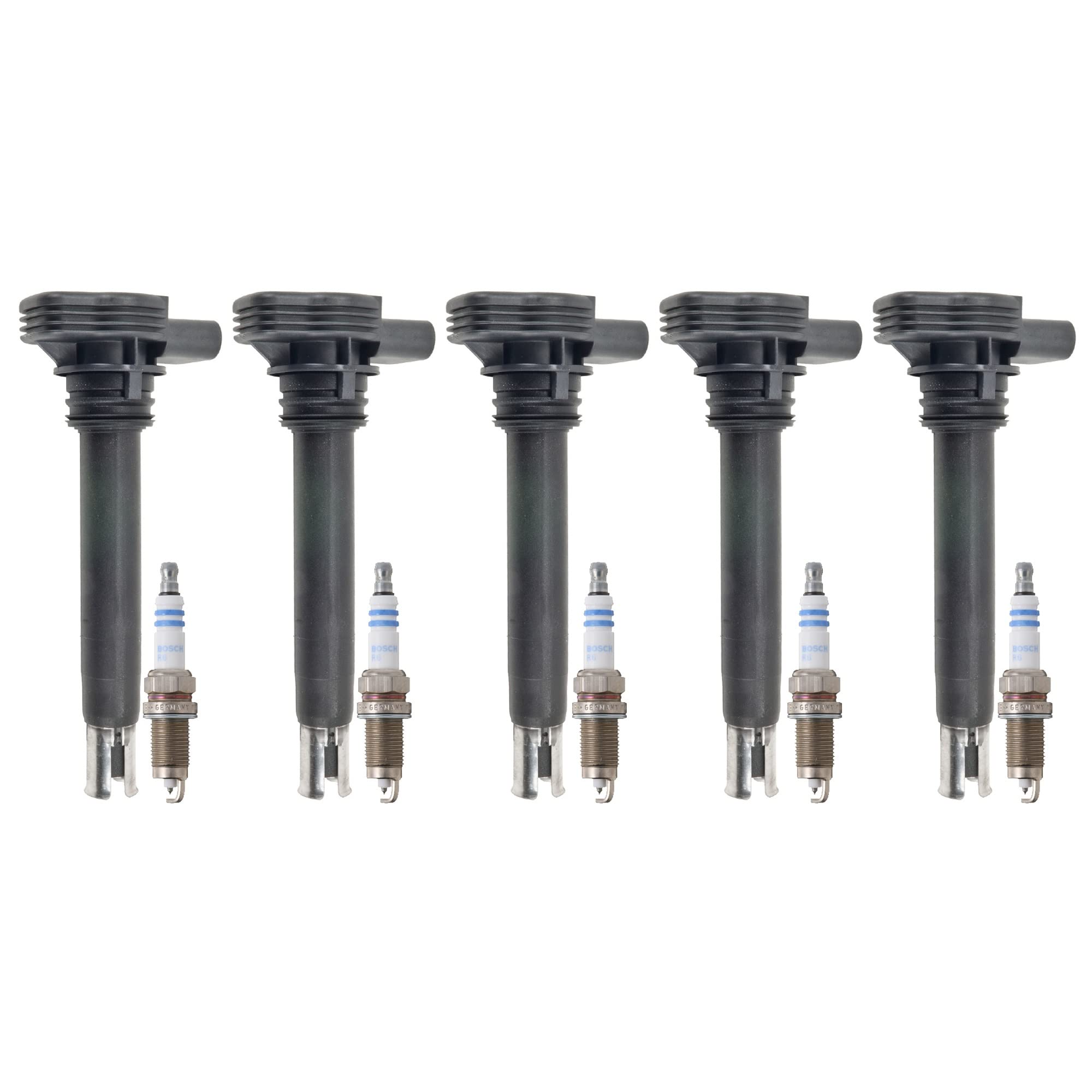 Bosch 5 Ignition Coils & 5 Platinum Spark Plugs Kit - Compatible with VW Jetta, Rabbit, Beetle 2.5L Engine - Improve Performance & Fuel Efficiency - Perfect for DIY Auto Repair & Maintenance