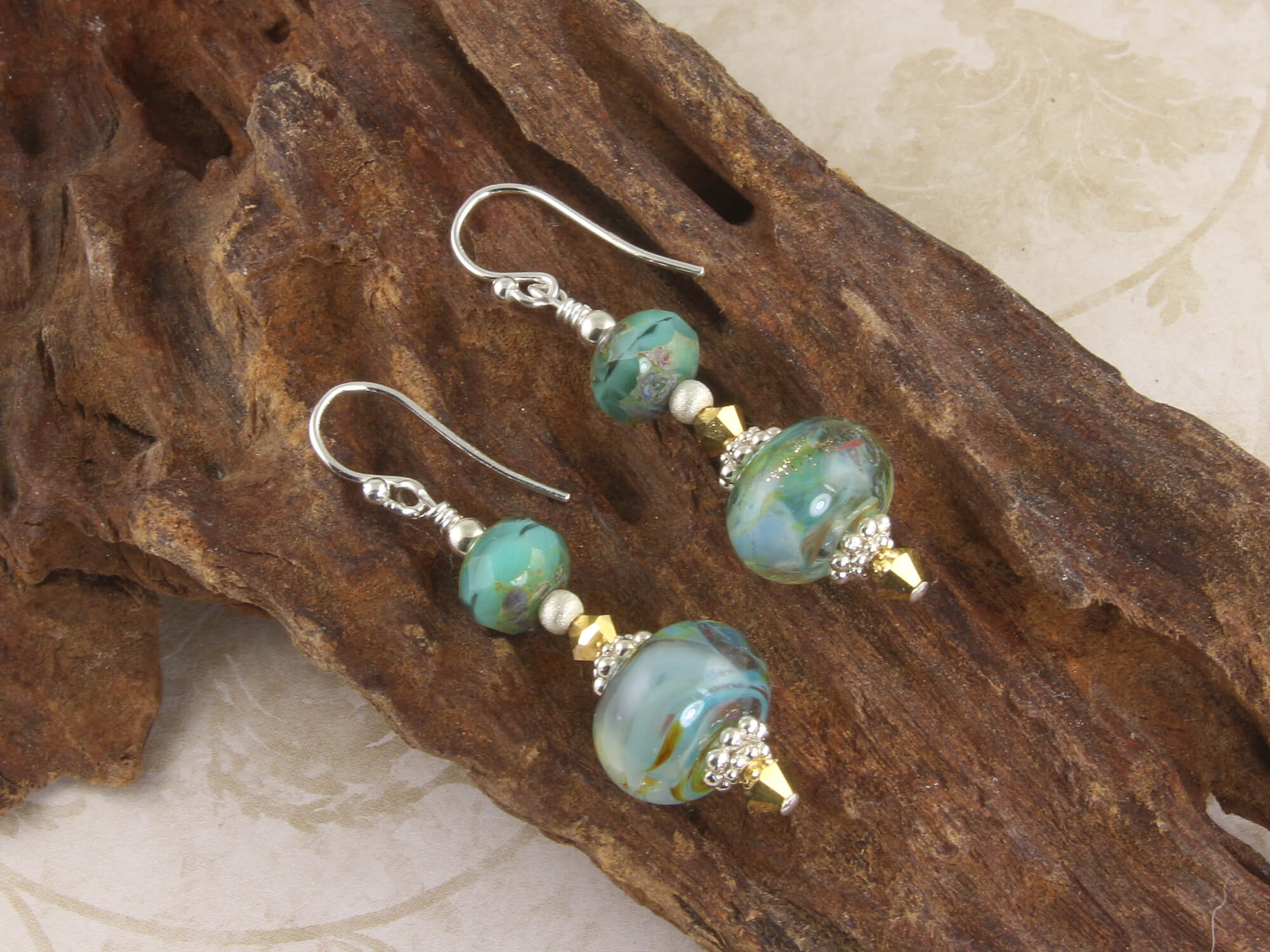 Aqua Gold Swirls Lampwork Glass Earrings - Handmade Boho Dangle Earrings for Women - Perfect for Parties, Weddings & Everyday Wear