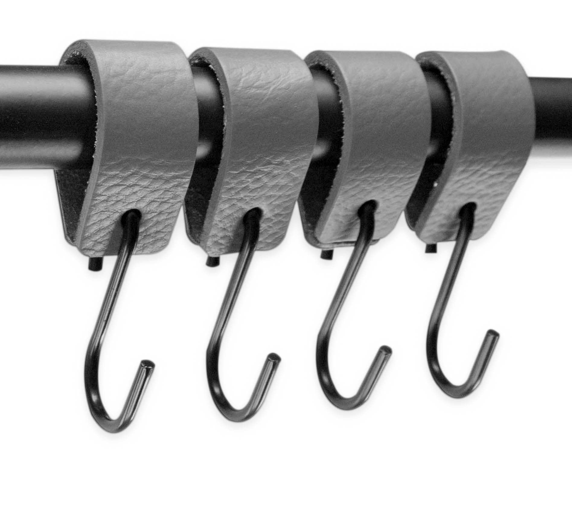 Brute Strength Multifunctional Leather S-Hooks - Gray (4 Pack) - Heavy Duty S-Shaped Hooks for Coats, Kitchen, Bathroom & Home Organization
