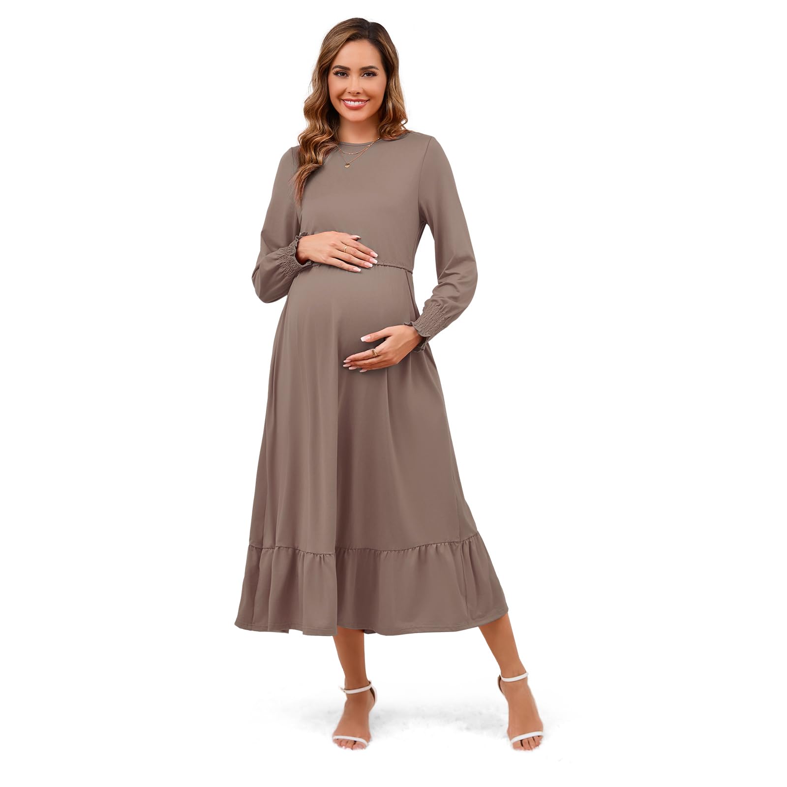 Maternity Nursing Dress for Women - Long Sleeve Crewneck Breastfeeding Dress with Pockets | Comfortable & Flowy Tiered Design for Nursing Moms | Perfect for Work, Outings & Everyday Wear