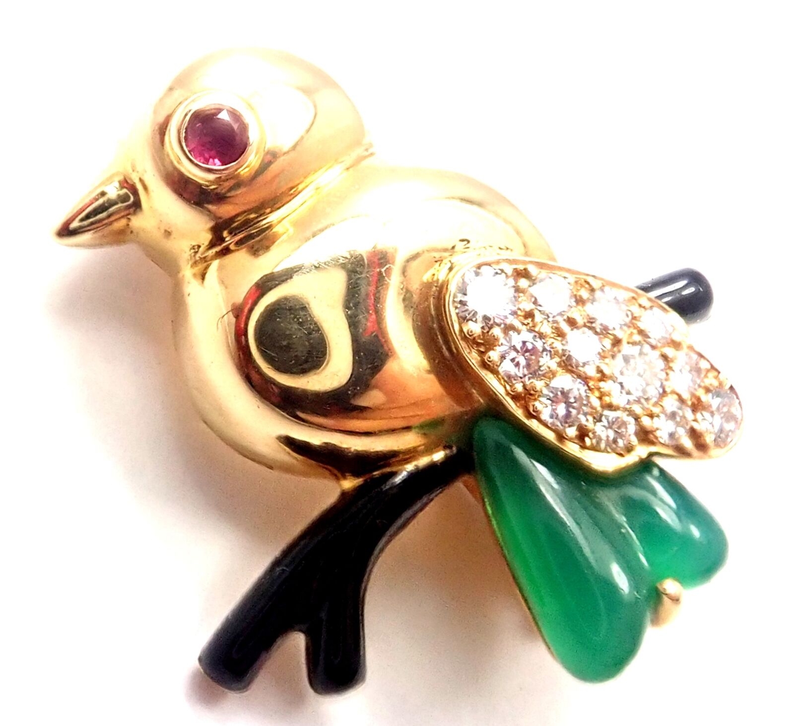 Authentic Cartier 18K Yellow Gold Diamond Onyx Ruby Chalcedony Bird Pin Brooch - Luxury Vintage Jewelry for Women, Perfect for Special Occasions & Gift Giving